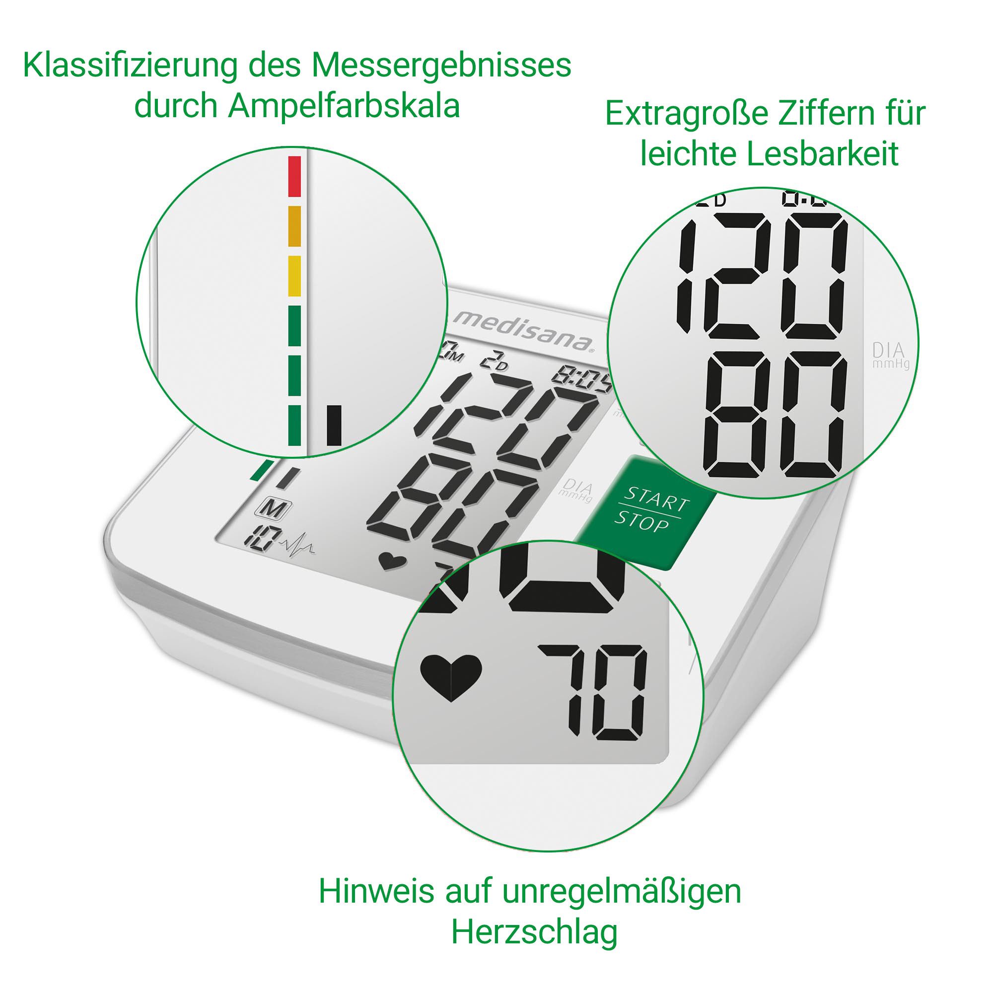 Medisana Bovenarm-bloeddrukmeter BU 512 onregelmatige hartslagweergave, elk 90 geheugenplaatsen, grote cijfers
