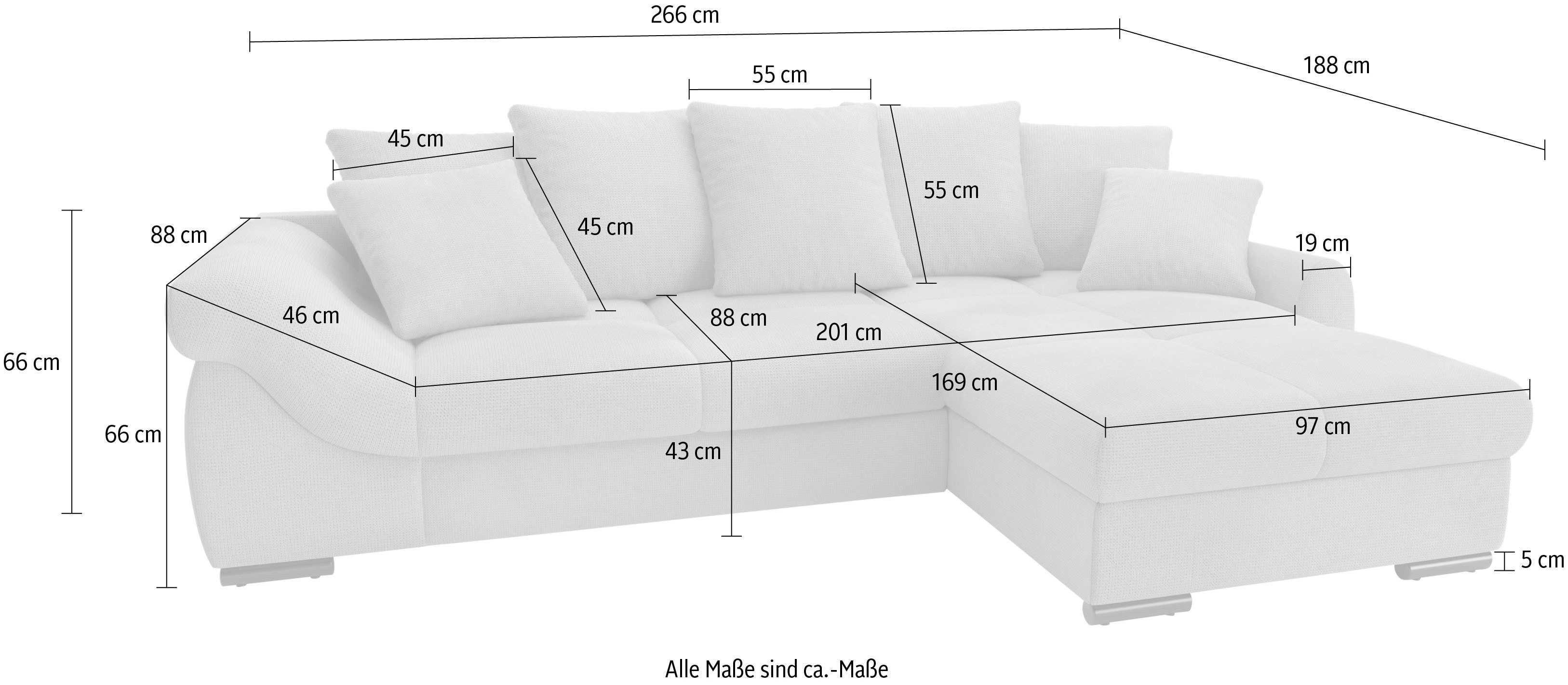 Mr. Couch Hoekbank Livorno L-vorm incl. hoogslaper beduitbreiding, xl bedbox wit gecoat