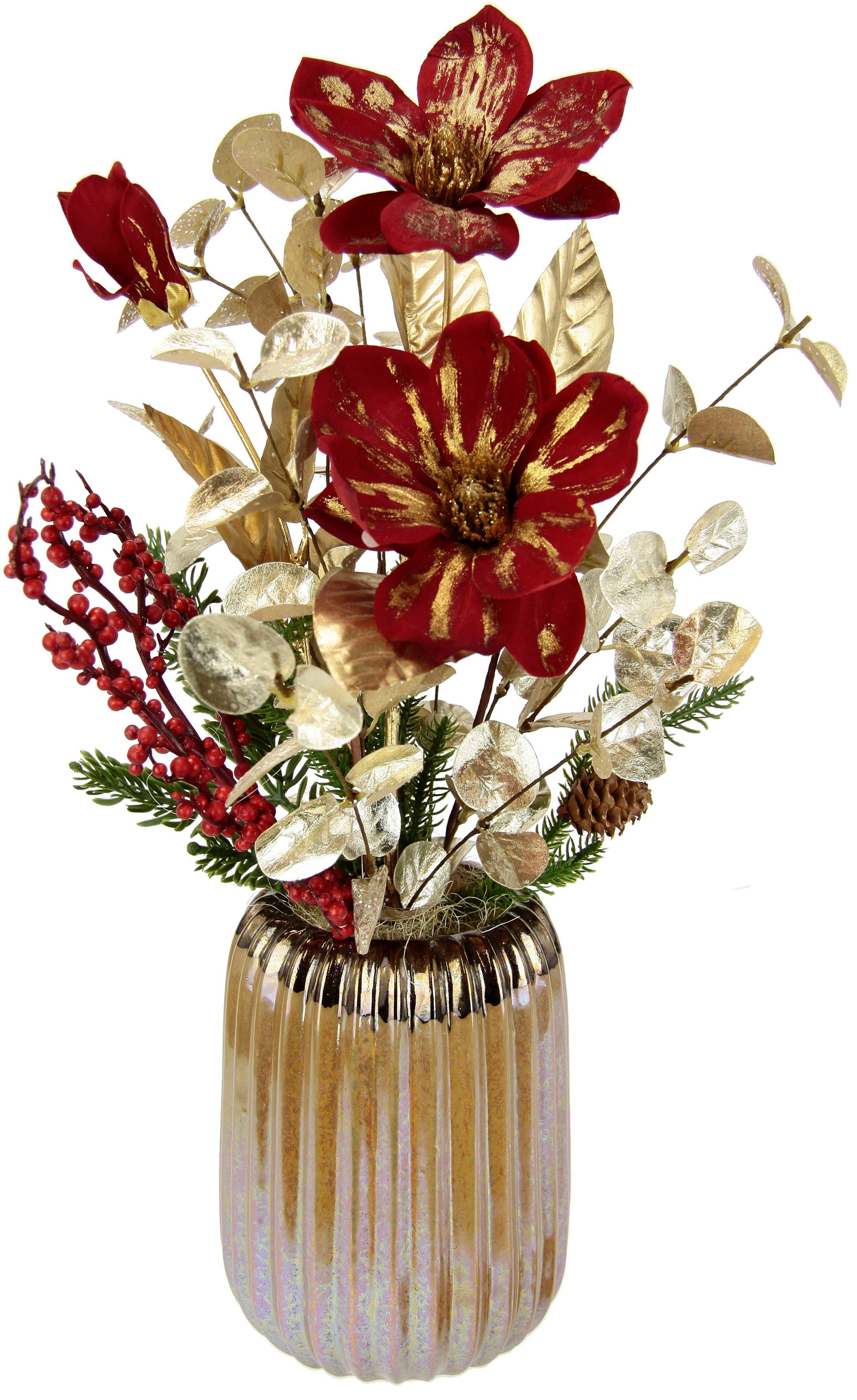 I.GE.A. Winterse kunstplant Arrangement met magnolia in keramische vaas, kerstdecoratie, Kunstbloemenarrangement, feestelijk bloemenensemble, kerststuk