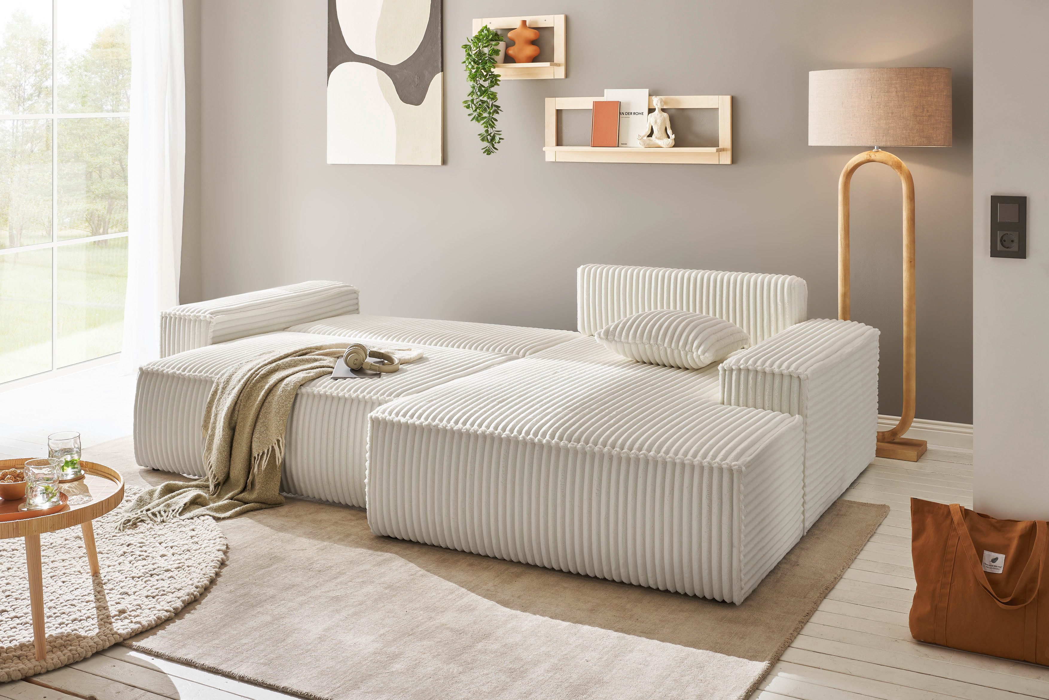 andas Hoekbank FINNLEY Slaapbank 267 cm, L-vorm met Slaapfunctie & Bedlade beschikbaar in de stofkwaliteiten bouclé, structuur fijn en mega cord