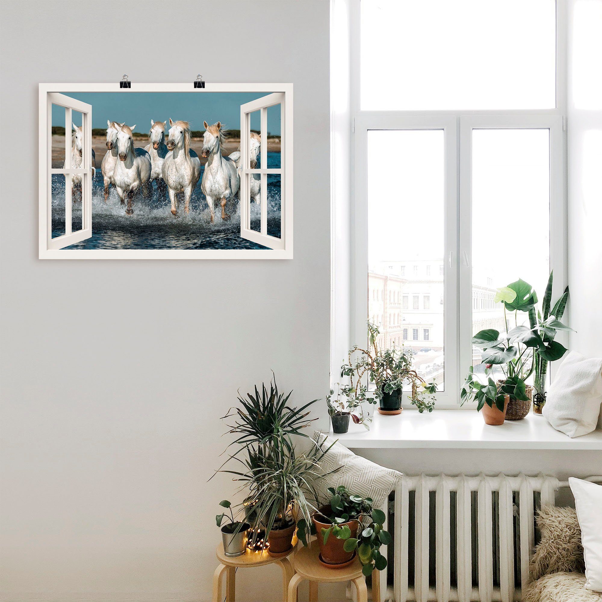 Artland Poster Blik uit het venster paarden op het strand als artprint van aluminium, artprint op linnen, muursticker of poster in verschillende maten