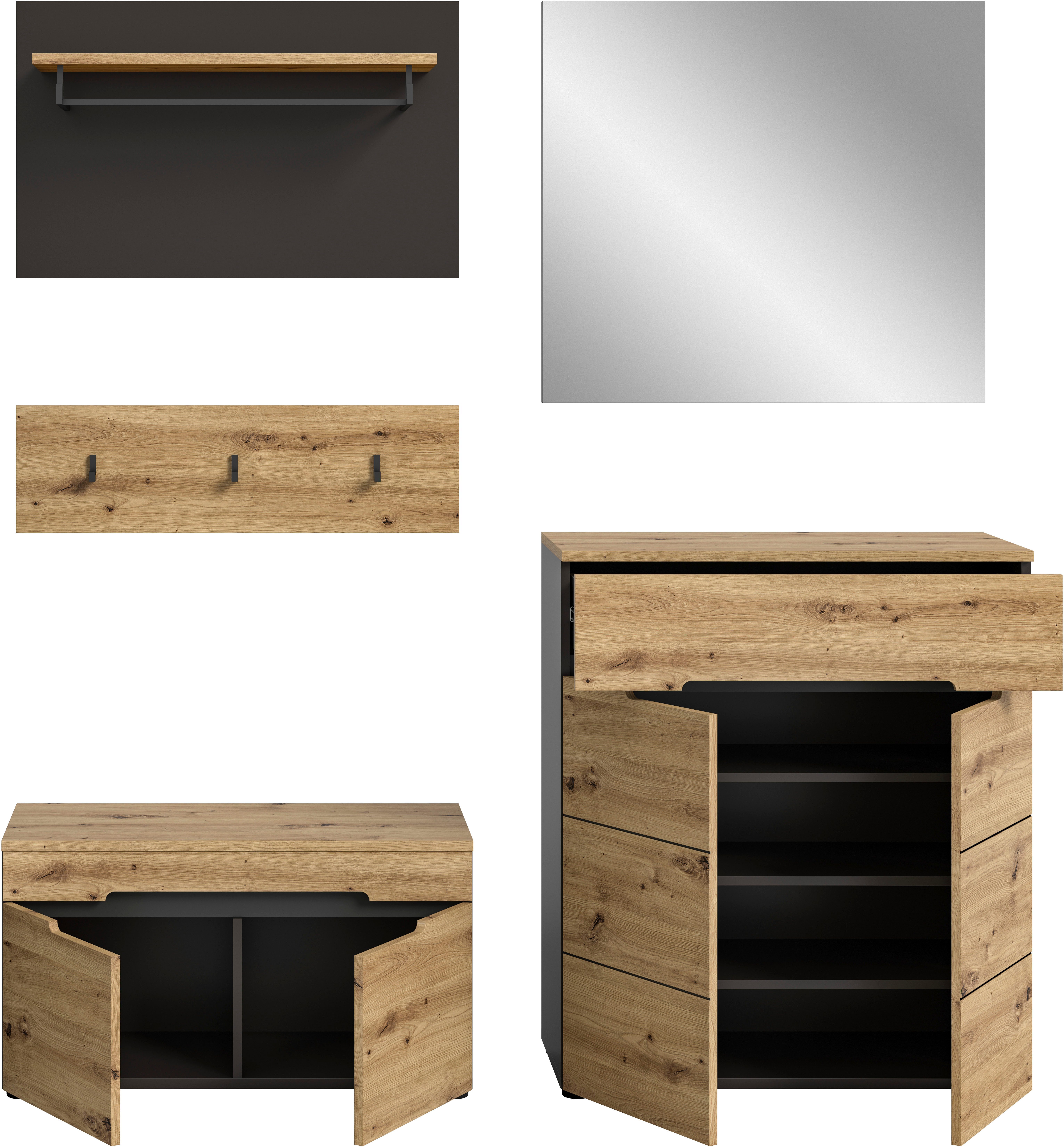 INOSIGN Halmeubelset Garderobecombinatie Rehat, breedte 175cm,in basalt grijs/Artisan eiken Halmeubelen, gangmeubelen, combinatie, hal, garderobe, garderobemeubelen (4-delig)