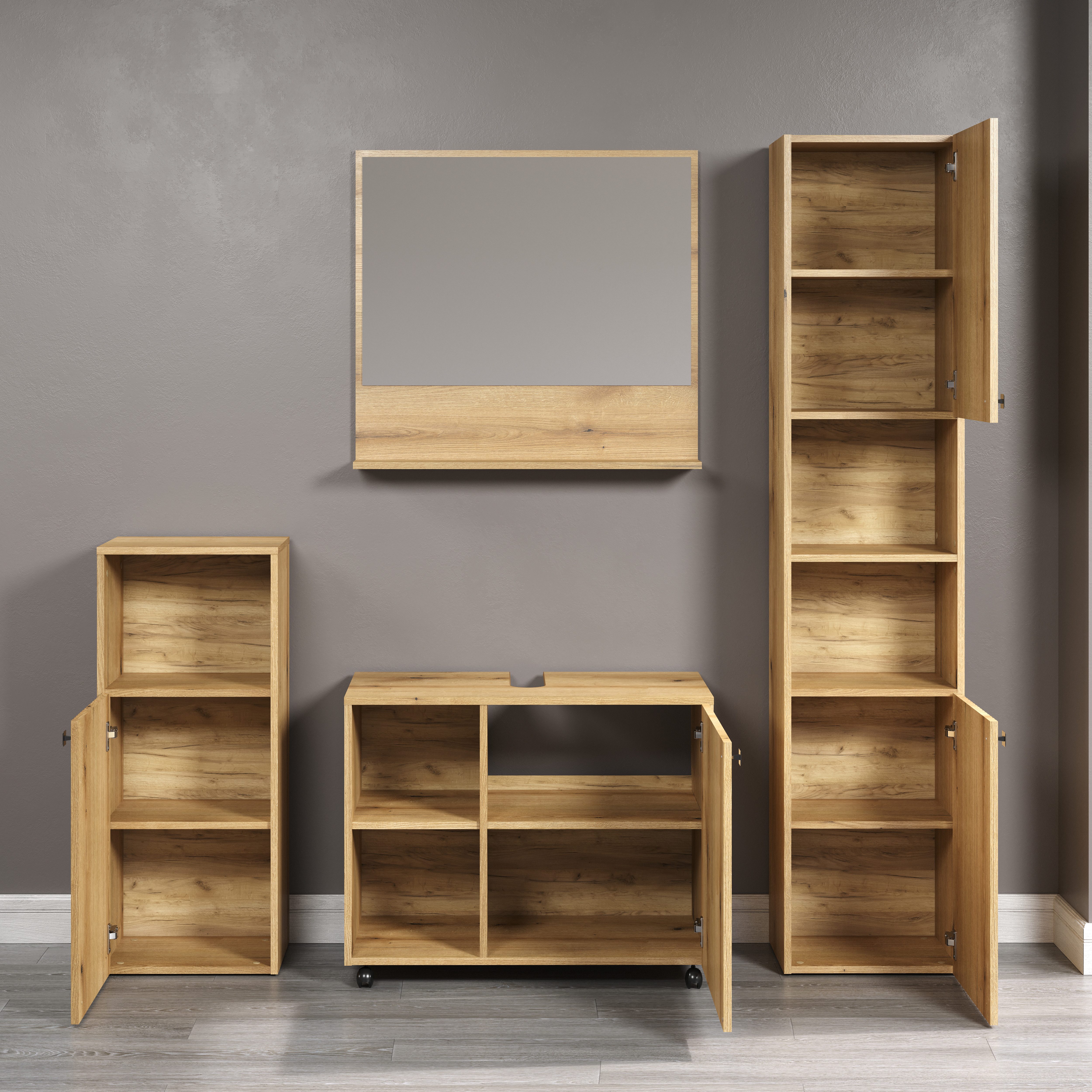 welltime Badmeubelset Amrum wastafelonderkast spiegel hoge kast badkamerkast Badkamermeubels met groeflook - Wasbakonderkast op wielen (complete set, 4 stuks)