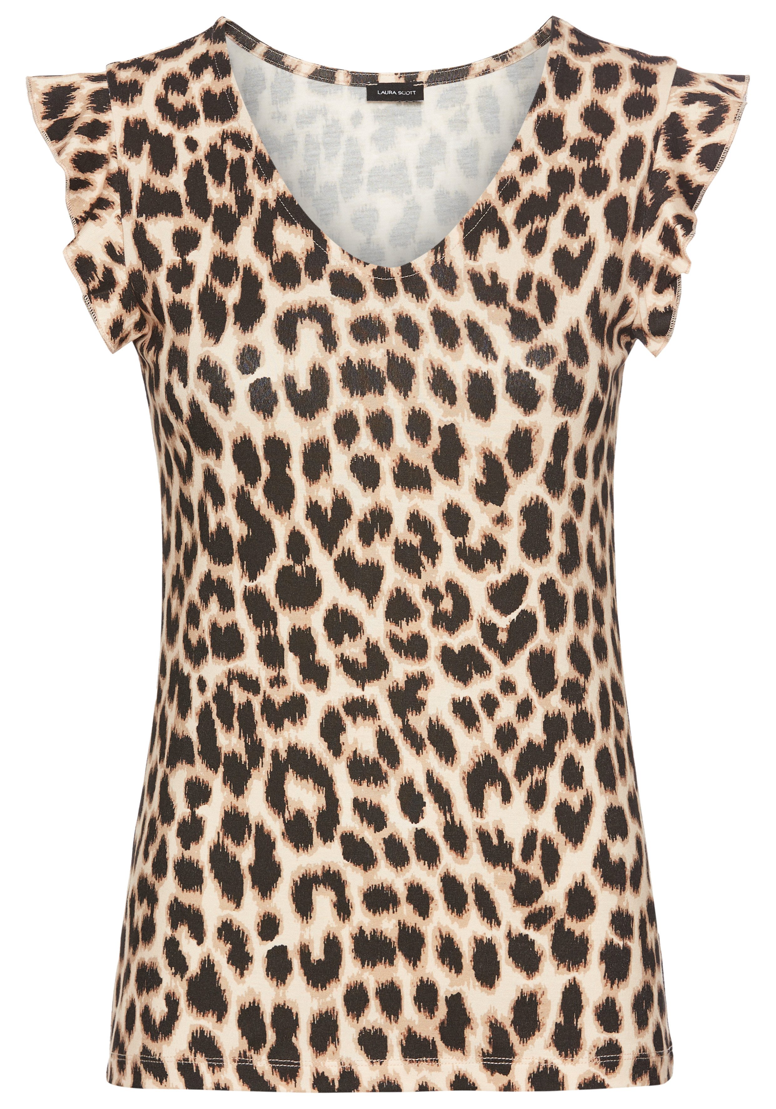 Laura Scott Shirt met V-hals met luipaard alloverprint & subtiele mouwinzet - nieuwe collectie