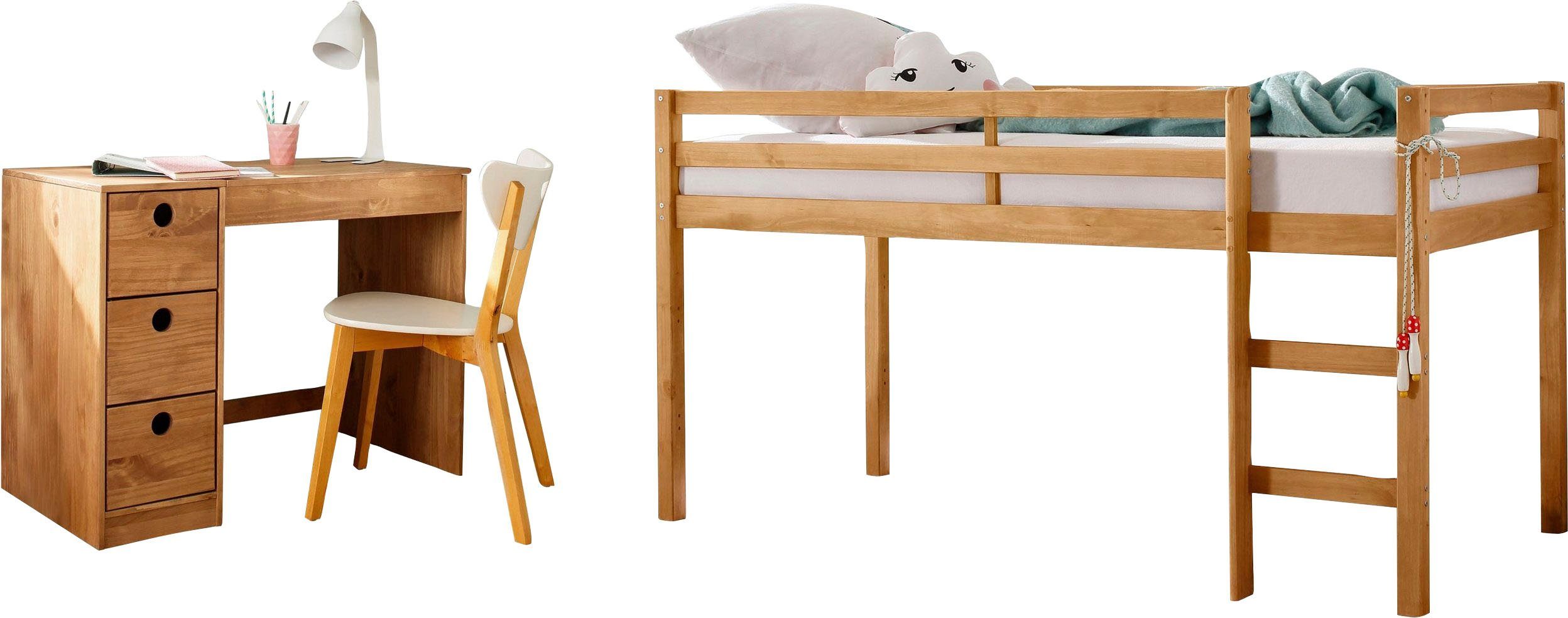 Lüttenhütt Tienerkamerset Alpi Hoogslaper en bureau met opbergruimte, perfect voor kleine kamers (voordeelset, 2-delig) complete kinderkamers beige