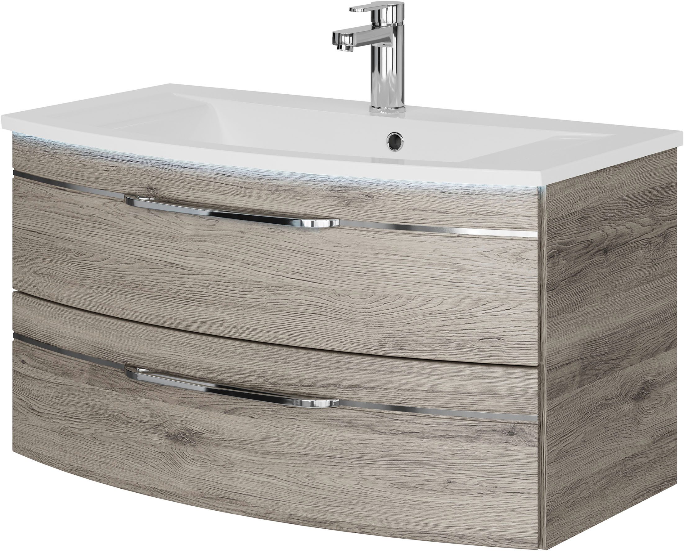 Saphir Wastafelonderkast Serie 7045 Mineralmarmor-Waschtisch und Unterschrank, 91 cm breit