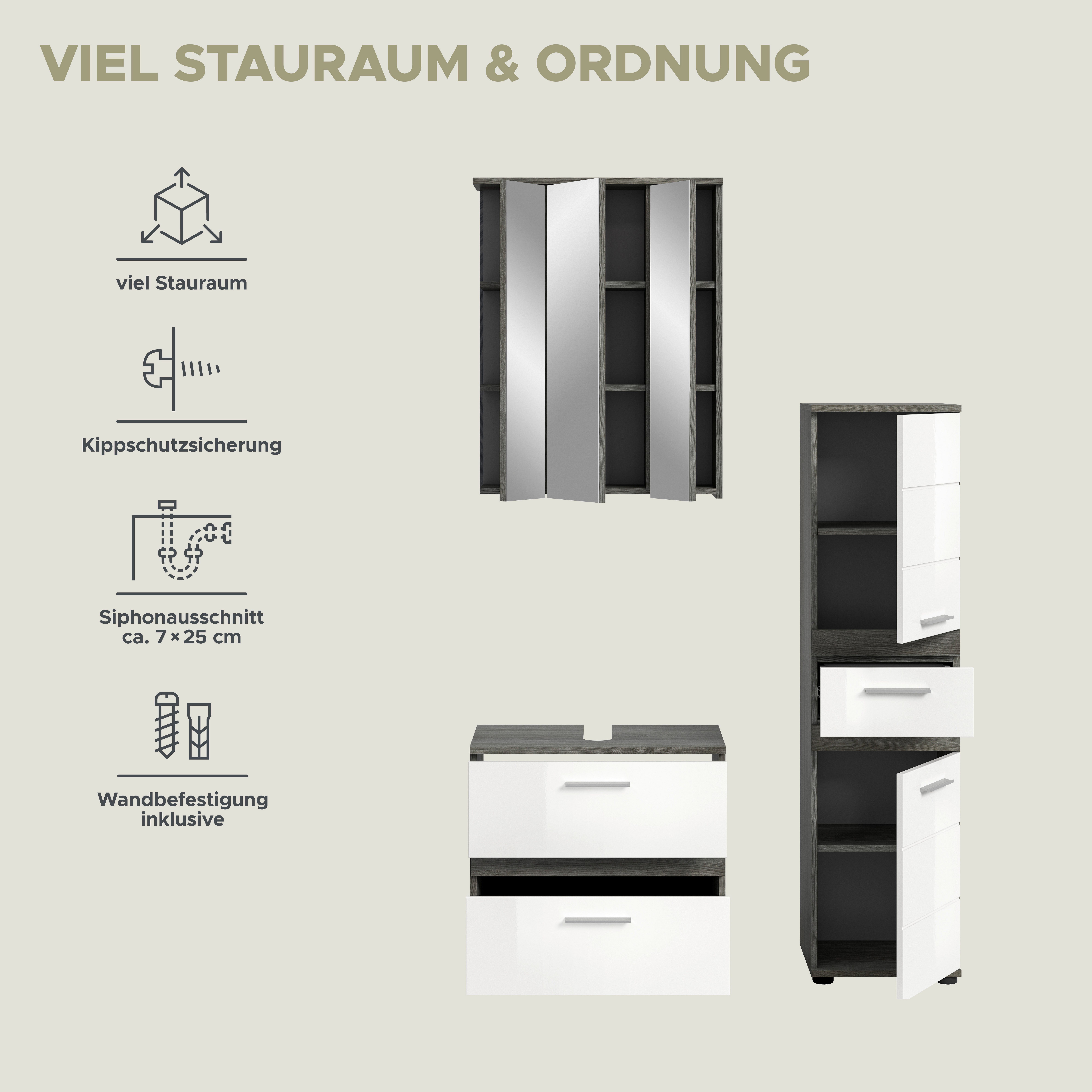 welltime Badmeubelset LUCCA, 3-delig, TOPSELLER!, hoogwaardige MDF front (set, 3 stuks)