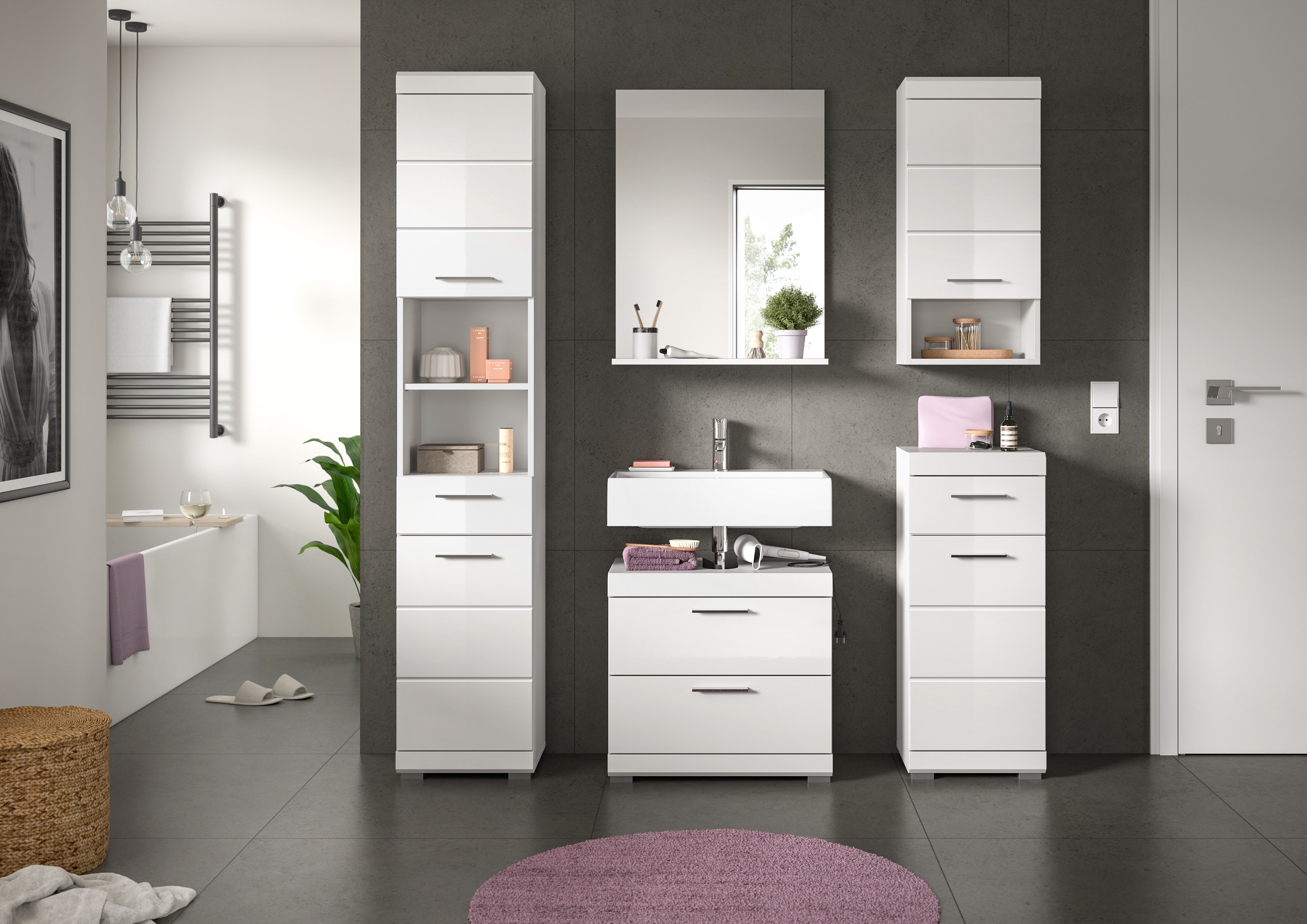 INOSIGN Badmeubelset Siena, 5-delig, bestaande uit: Hoge kast, WBU, spiegel, onderkast, hangkast (set, 5 stuks)