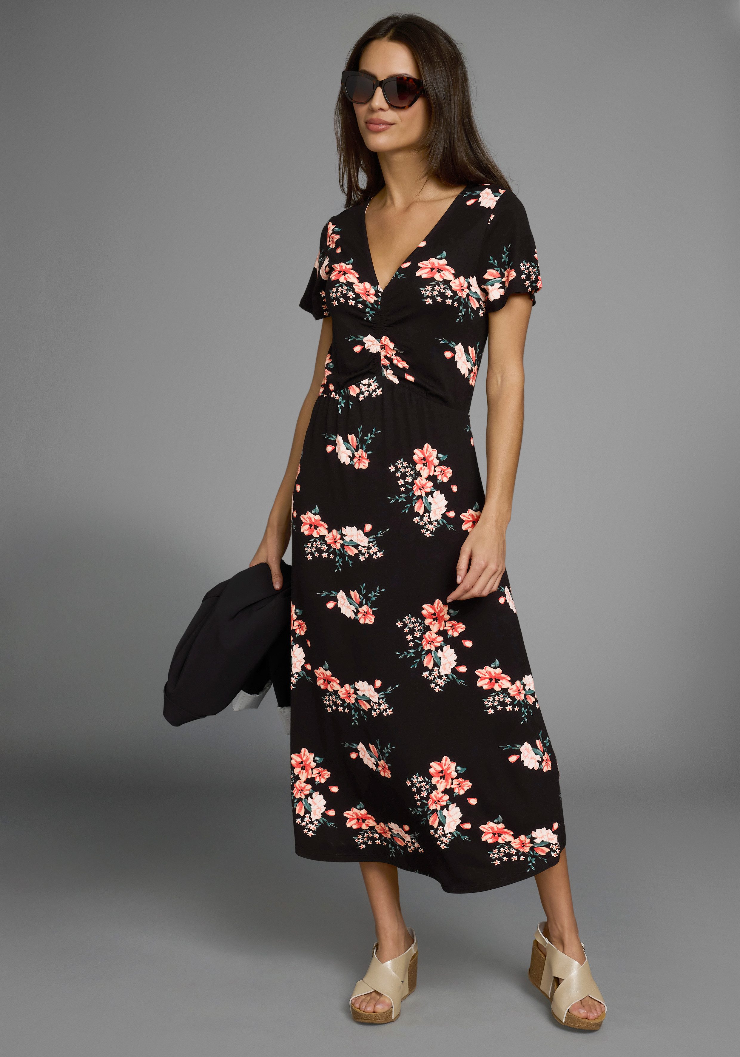 Laura Scott Midi-jurk met romantische bloemenprint en rimpeling - nieuwe collectie