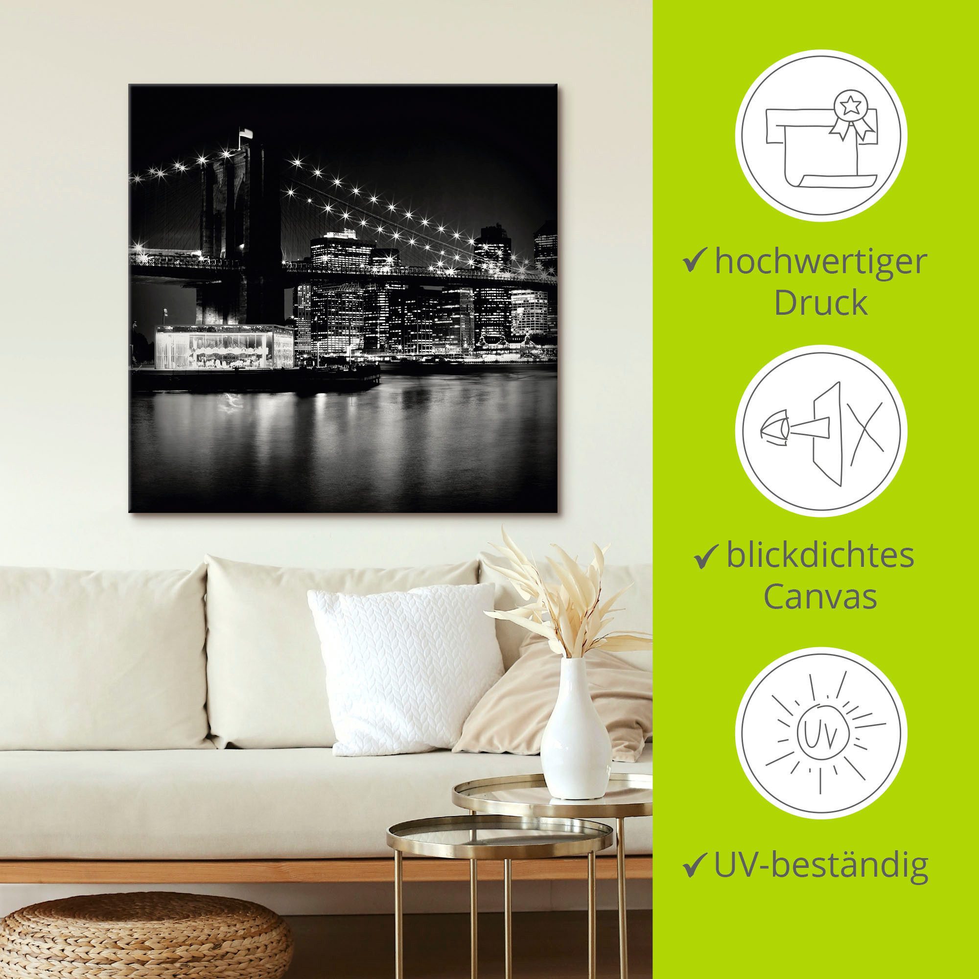 Artland Artprint New York Brooklyn Bridge 's nachts als artprint op linnen, poster in verschillende formaten maten