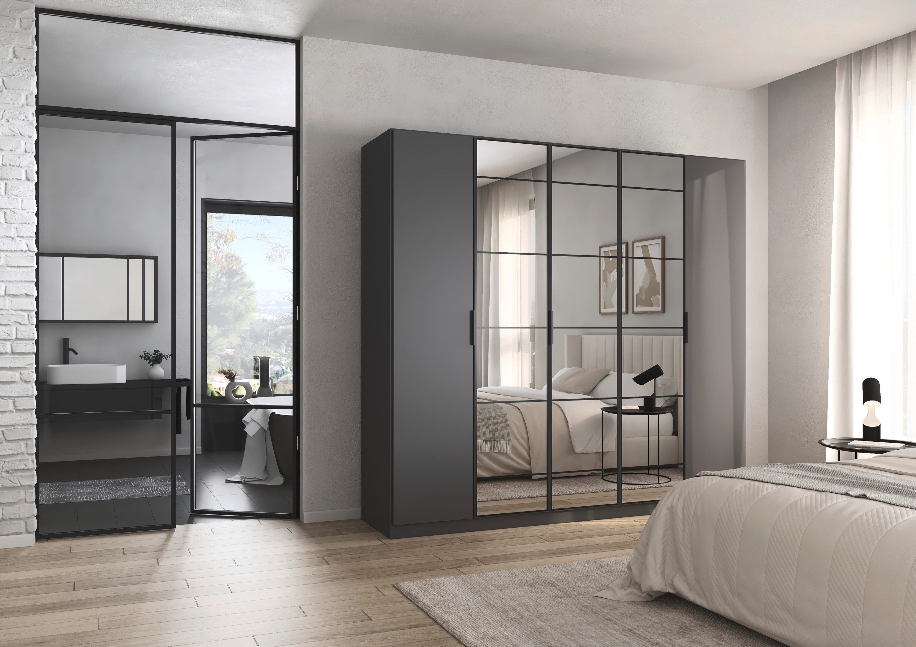 rauch Draaideurkast Kledingkast Kast Garderobe Slaapkamerkast ACERO Middeldeuren met spiegel in moderne loft-look MADE IN GERMANY