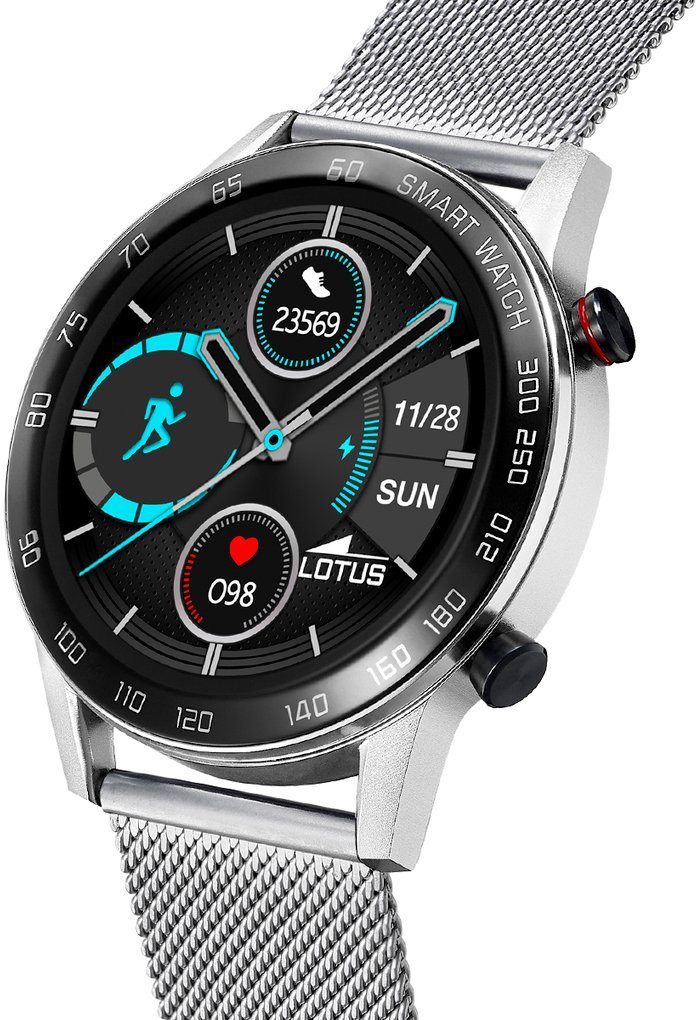 Lotus Smartwatch 50017/1 Horloge, herenhorloge, roestvrijstalen band, stappenteller, cadeau-idee (set, 2-delig, Met verwisselbare armband van zwart silicone)