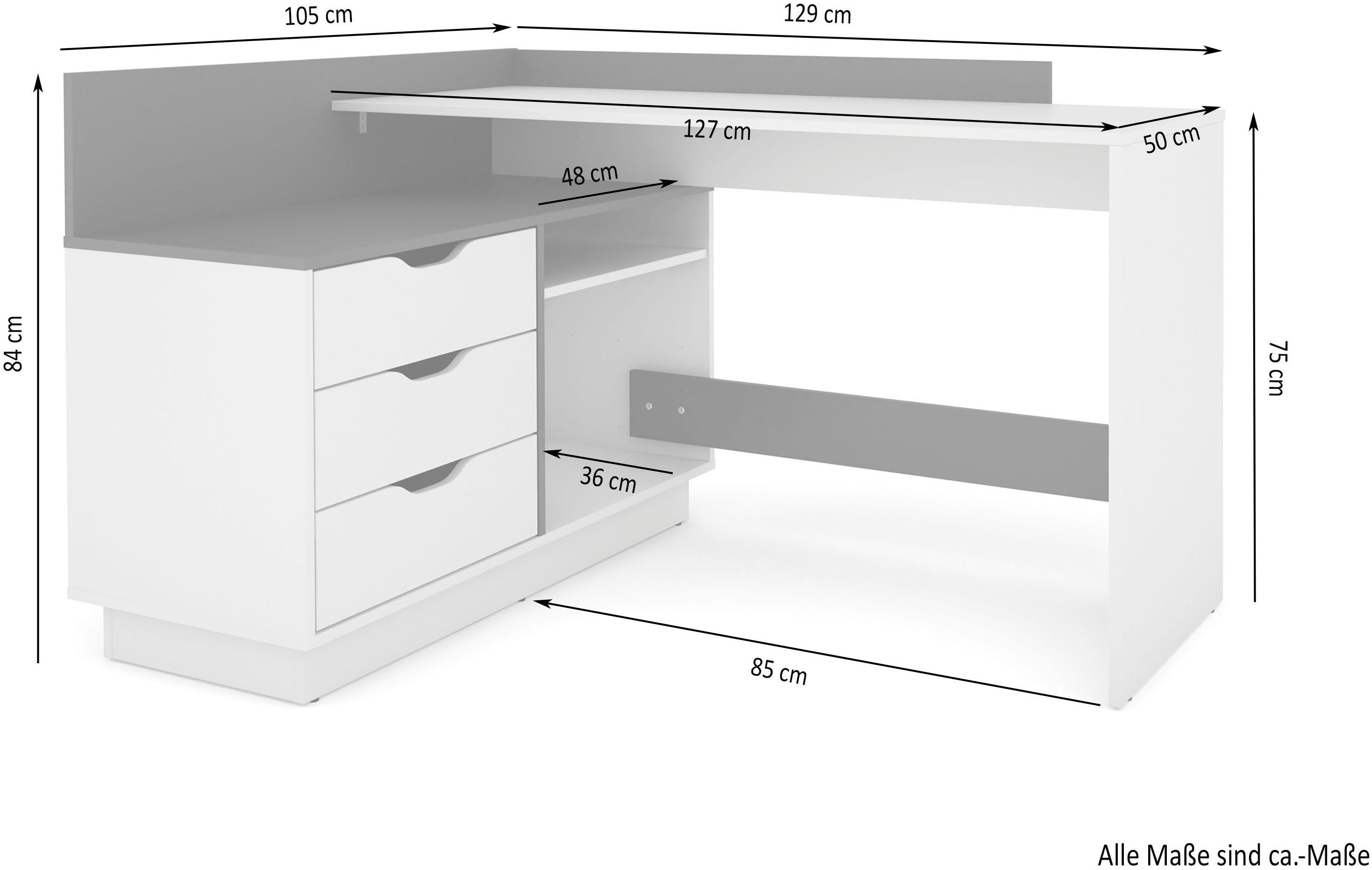 byLIVING Hoekbureau Bern met veel opbergruimte, breedte 129 cm, rechts of links monteerbaar