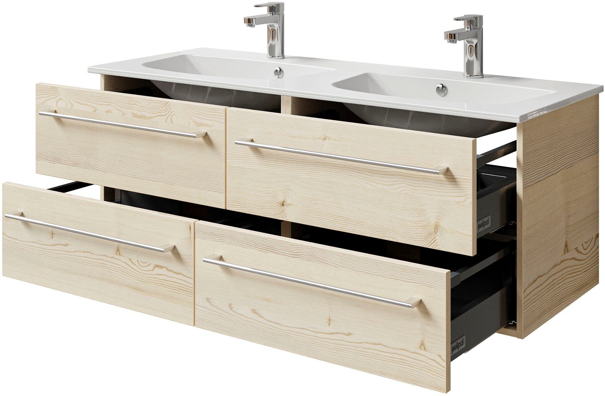 Saphir Wastafelonderkast Serie 6025 mineraalmarmeren wastafel met onderkast, 132 cm breed Dubbele wastafel met 4 lades, hangend, verschillende uitvoeringen (2-delig)