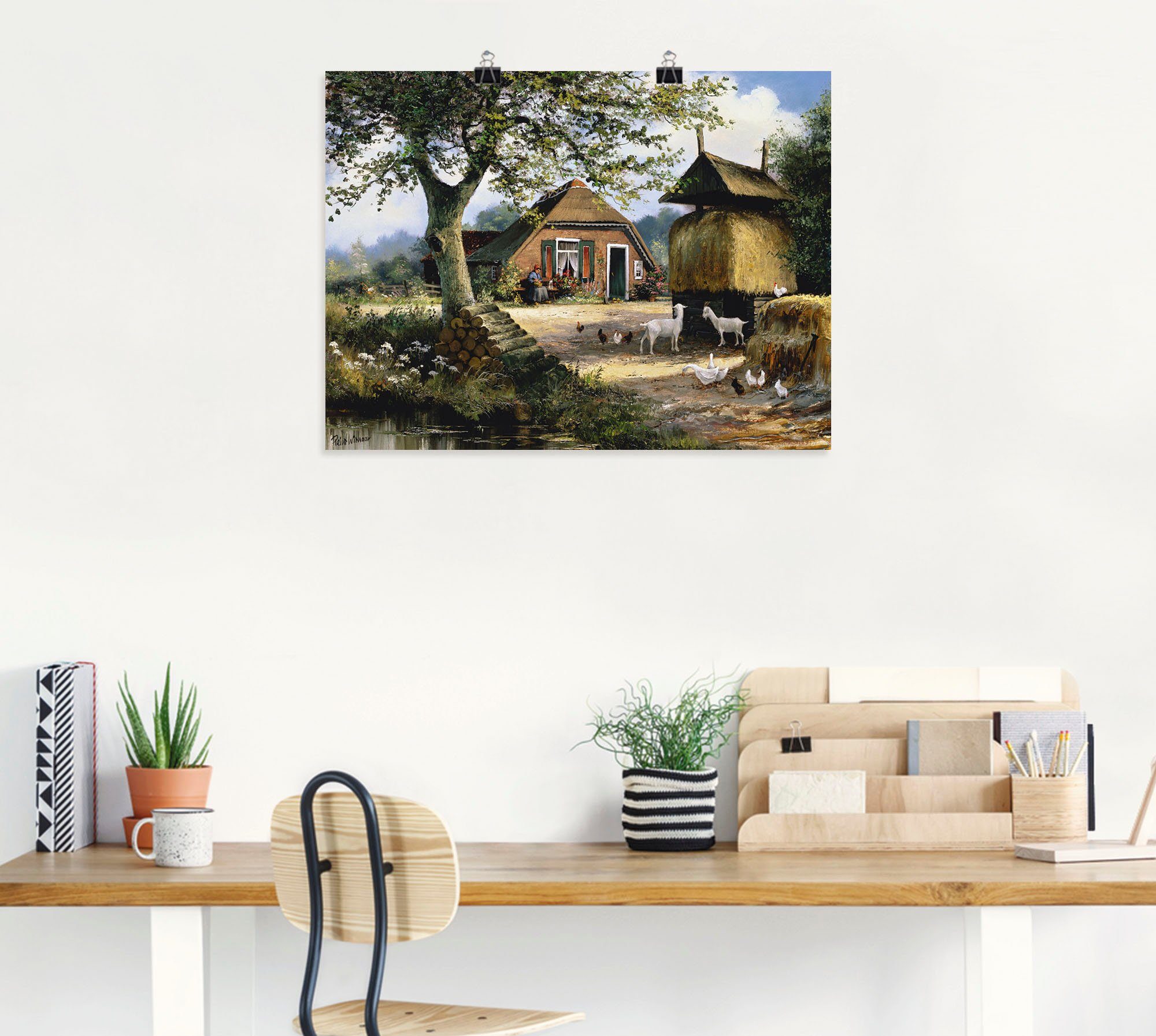 Artland Artprint Idyllische boerderij met kippen en geiten als artprint op linnen, poster in verschillende formaten maten