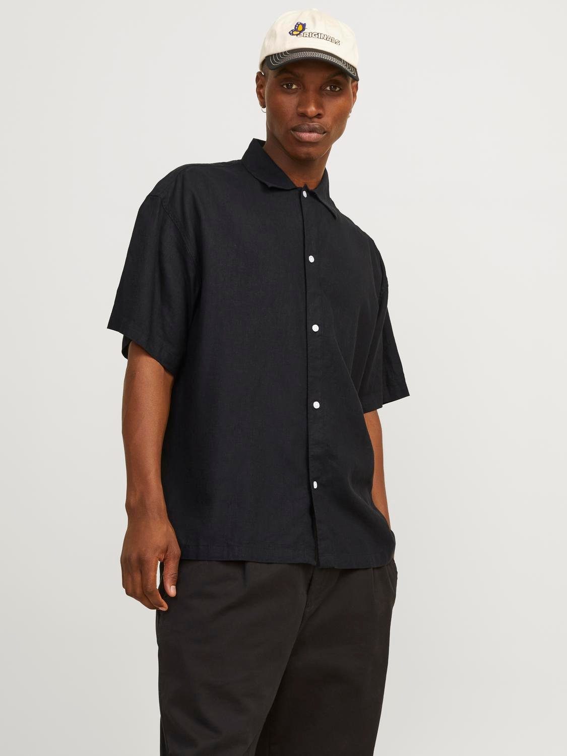 Jack & Jones Overhemd met korte mouwen JORFARO LINEN OVERSIZED SHIRT SS SN heren overhemden maat S zwart