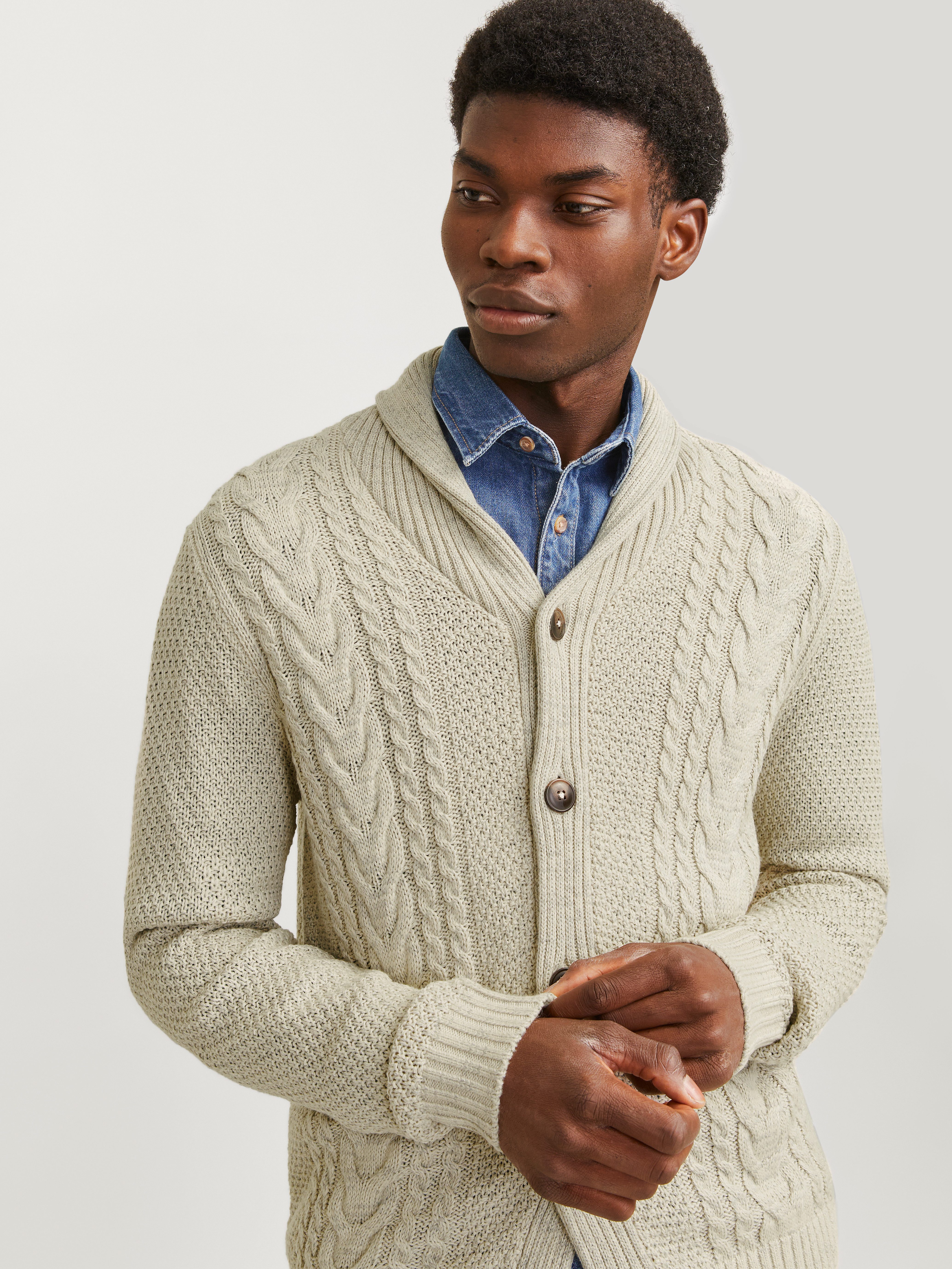 Jack & Jones Vest JJCRAIG KNIT SHAWL NECK AW24 met sjaalkraag en kabelpatroon