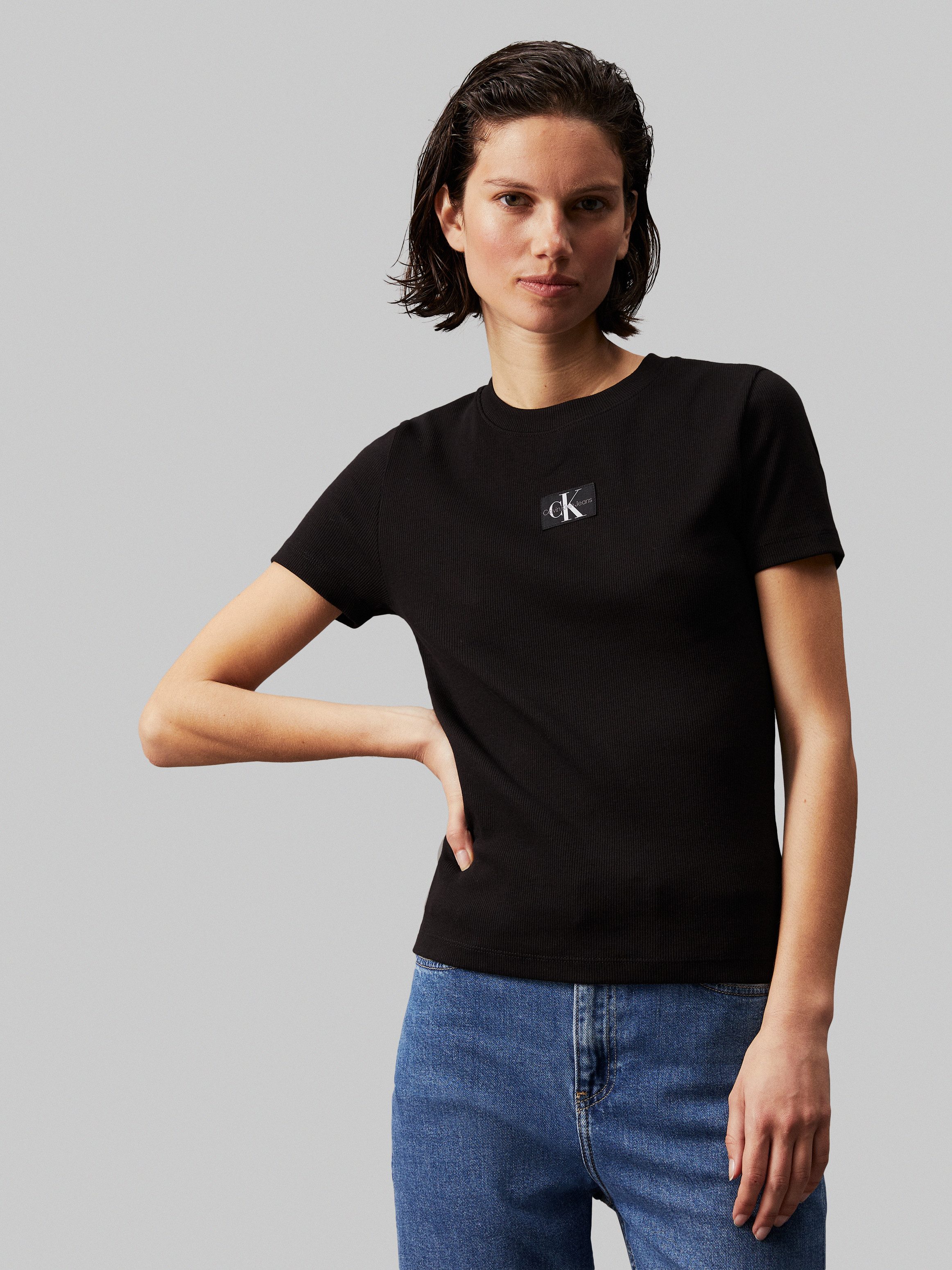 Calvin Klein T-shirt WOVEN LABEL RIB BABY TEE dames t-shirts maat XS (32) zwart