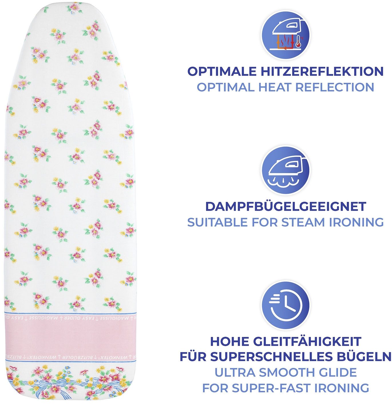 Maximex Strijkplankhoes Model Blütenpracht Strijktafelhoes met blitzstrijkzone, gepolsterd, 128 x 54 cm
