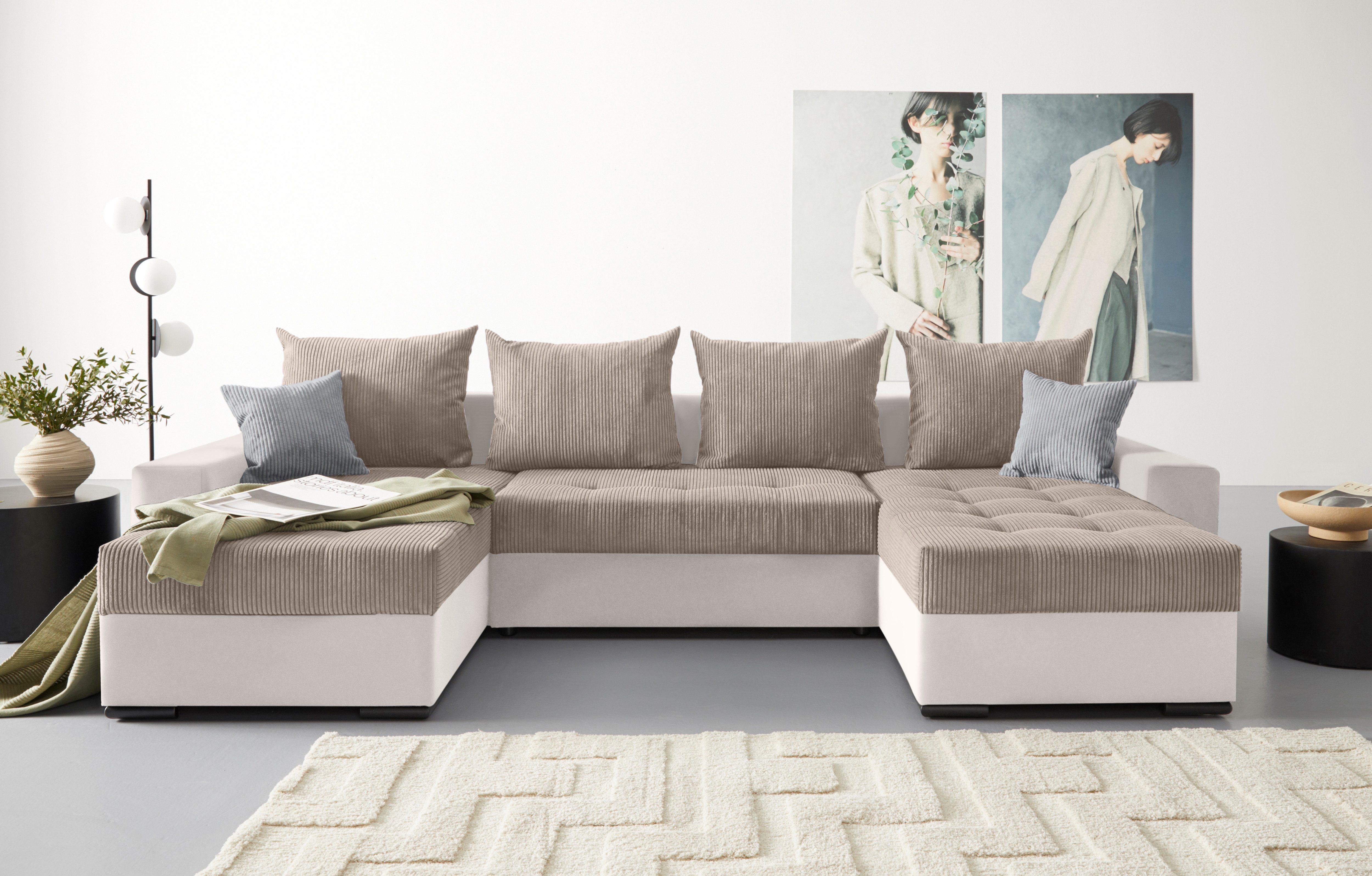 COLLECTION AB Zithoek XL-Josy U-vorm, breedte 313 cm, cord-/mix incl. bedfunctie, bedlade, met 4 gelijk grote rugkussens