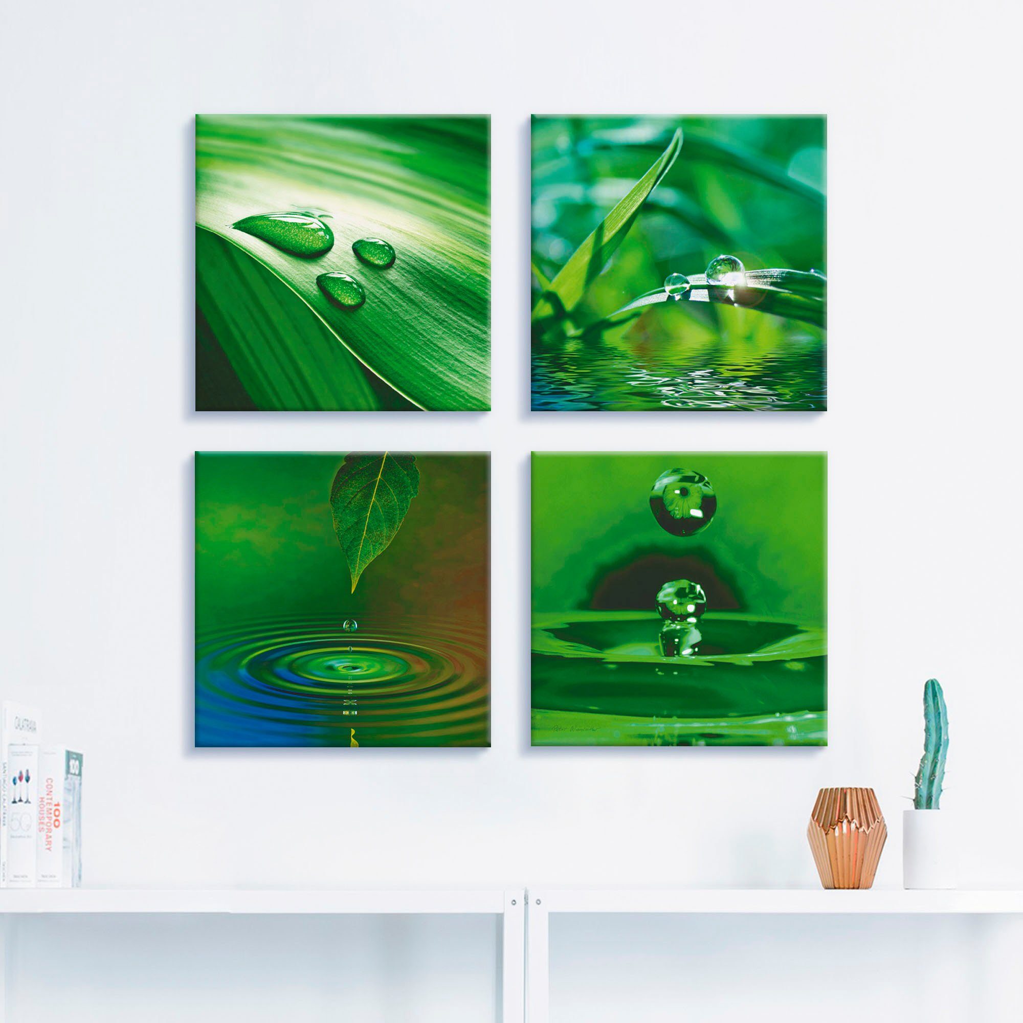Artland Artprint op linnen Blad gras waterdruppels set van 4, verschillende maten (4-delig)