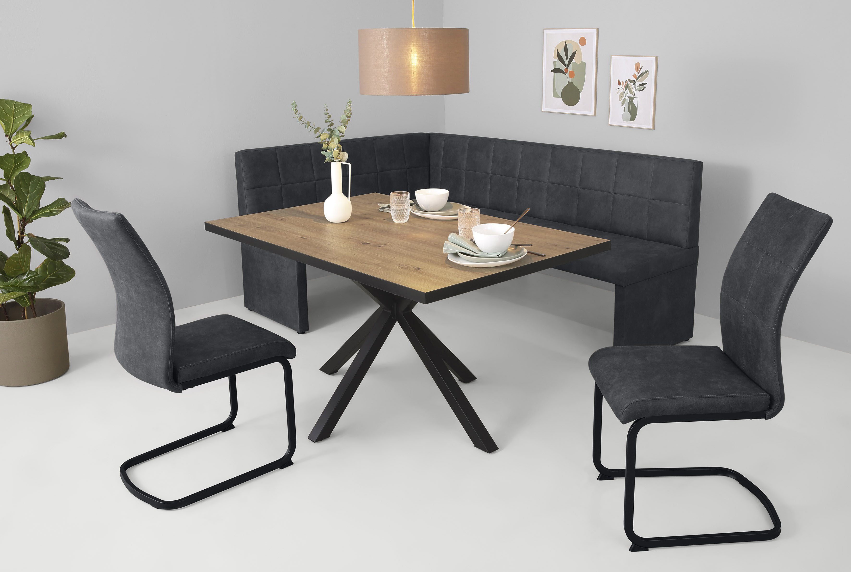 HELA Eethoek Spree Eettafel 140x90 cm met dikke rand, microvezel bekleding(4-delig) eethoeken bruin