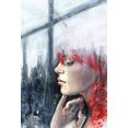 queence artprint op acrylglas vrouw aan het raam rood