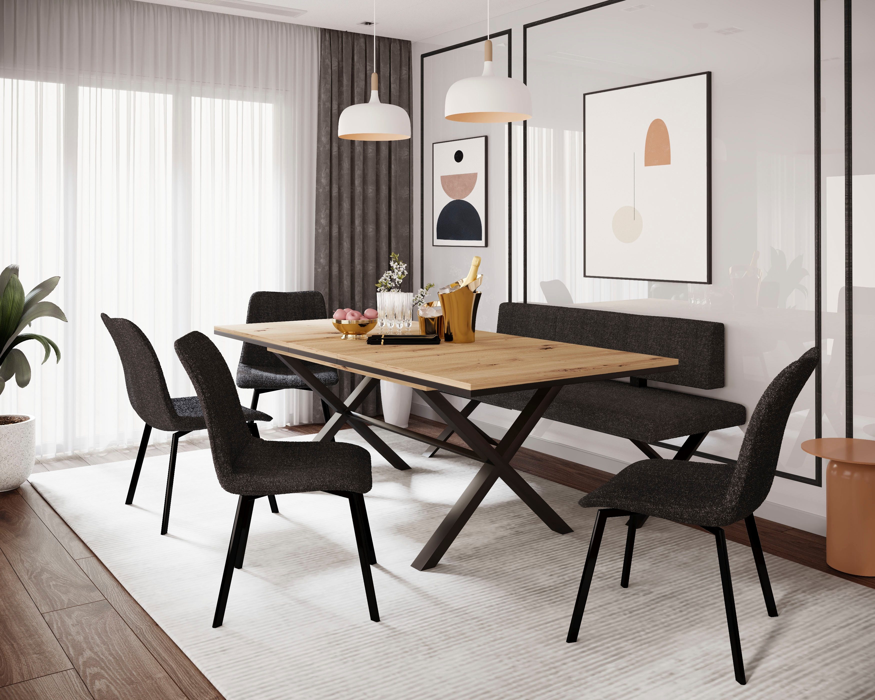 HELA Eethoek Saar Tafel 160-200x90 cm, inlegplaat, X-frame, stoel 360° draaibaar (6-delig)