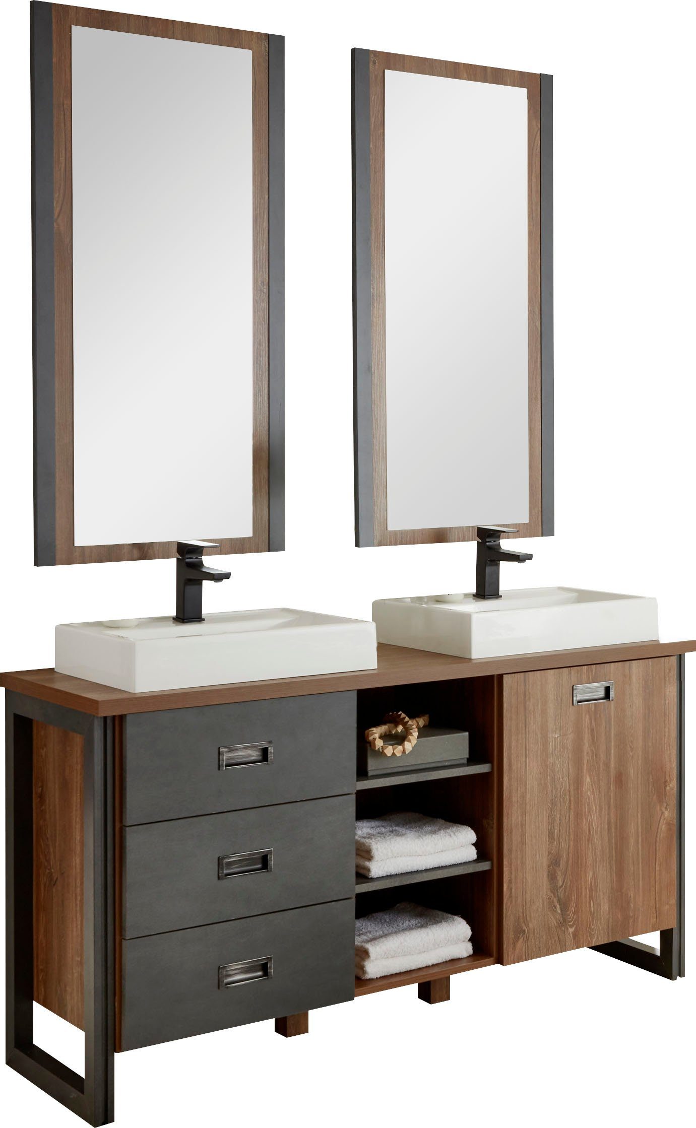Home affaire Badkamerserie Detroit, Bad im Industrialdesign, 2-teiliges Badezimmer inclusief 2 opzetwasbak van mineraalgietwerk (set, 3-delig)