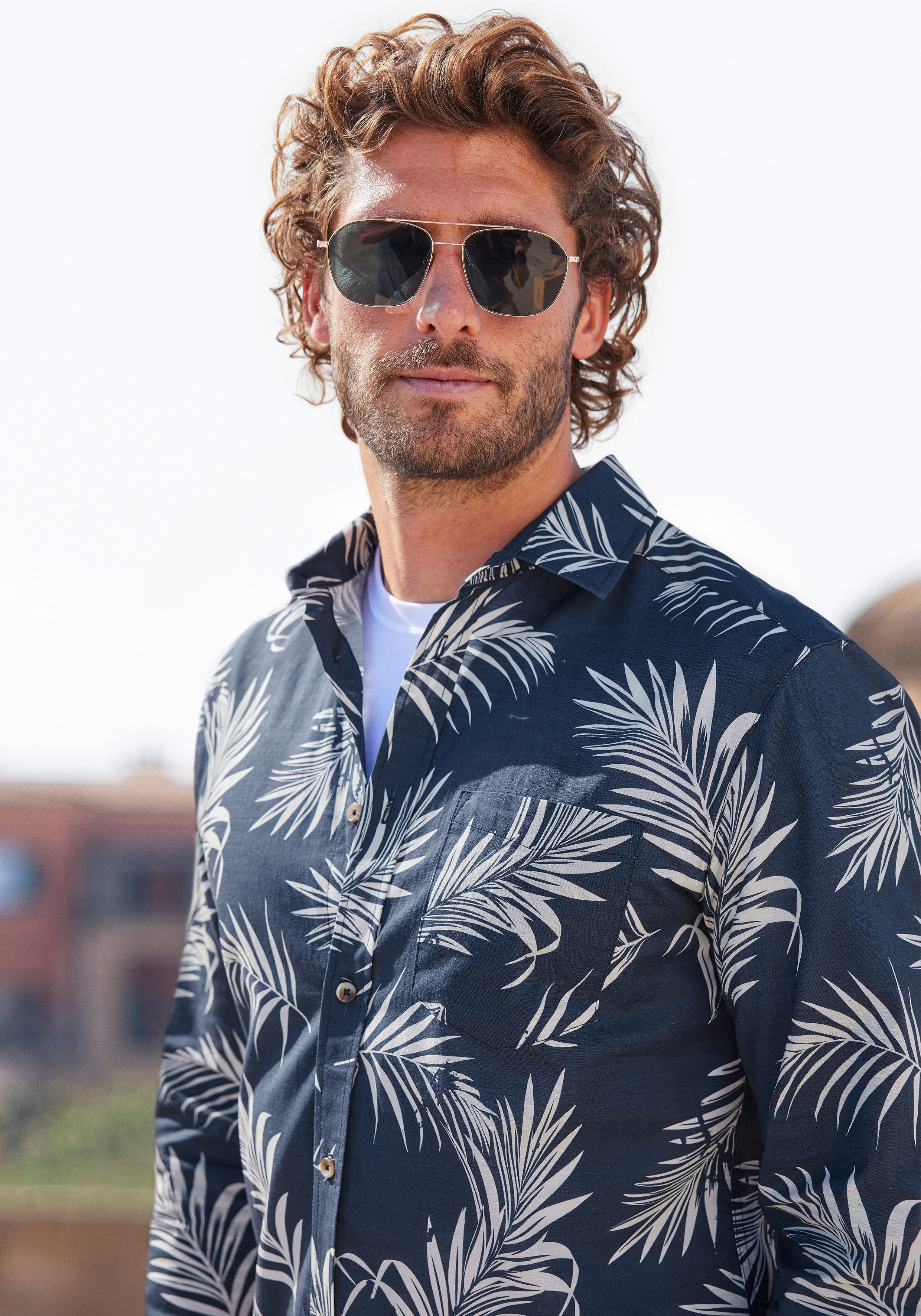 John Devin Hawaï-overhemd Regular fit Lange mouwen, vrijetijdsshirt met palmprint van 100% katoen