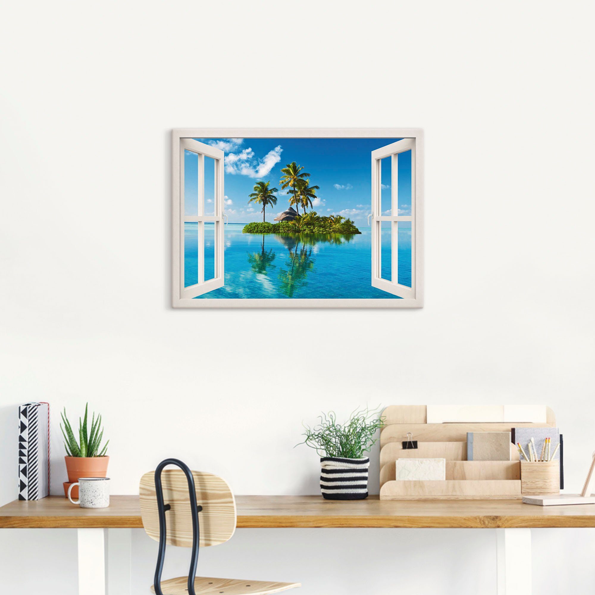 Artland Artprint Blik uit het venster eiland palmen zee als artprint op linnen, poster, muursticker in verschillende maten