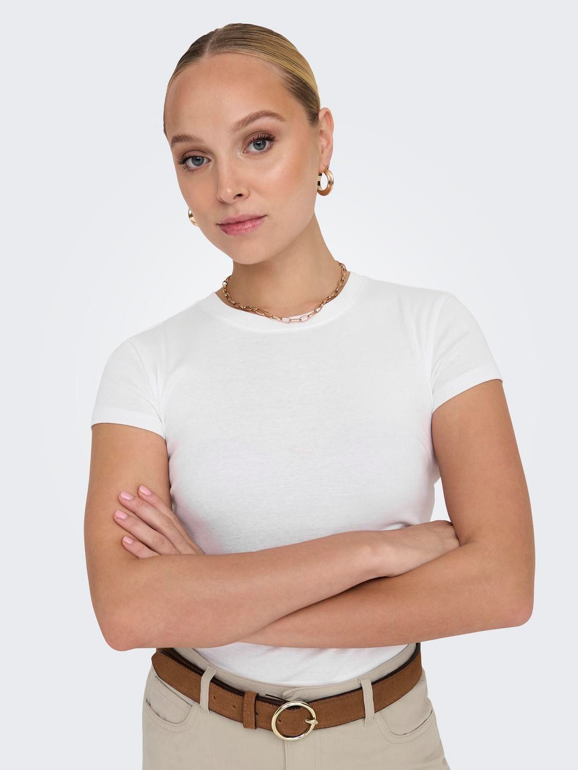 Only Shirt met korte mouwen ONLELINA S S O-NECK SHORT TOP JRS NOOS