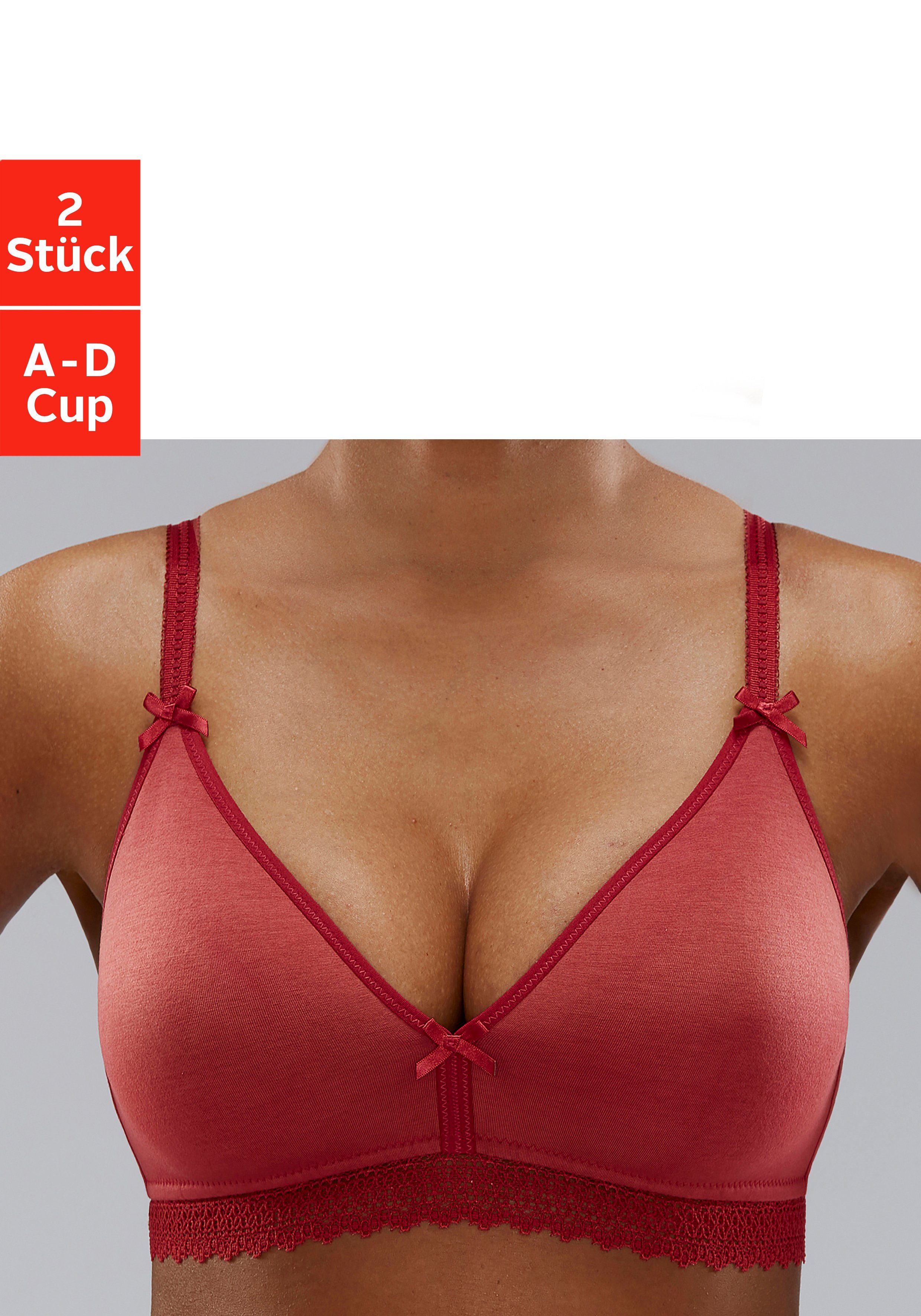 Petite fleur Bralette-bh zonder beugels met kanten band, gemaakt van zacht katoen, basic lingerie (Set van 2) dames multipacks maat 70 A rood