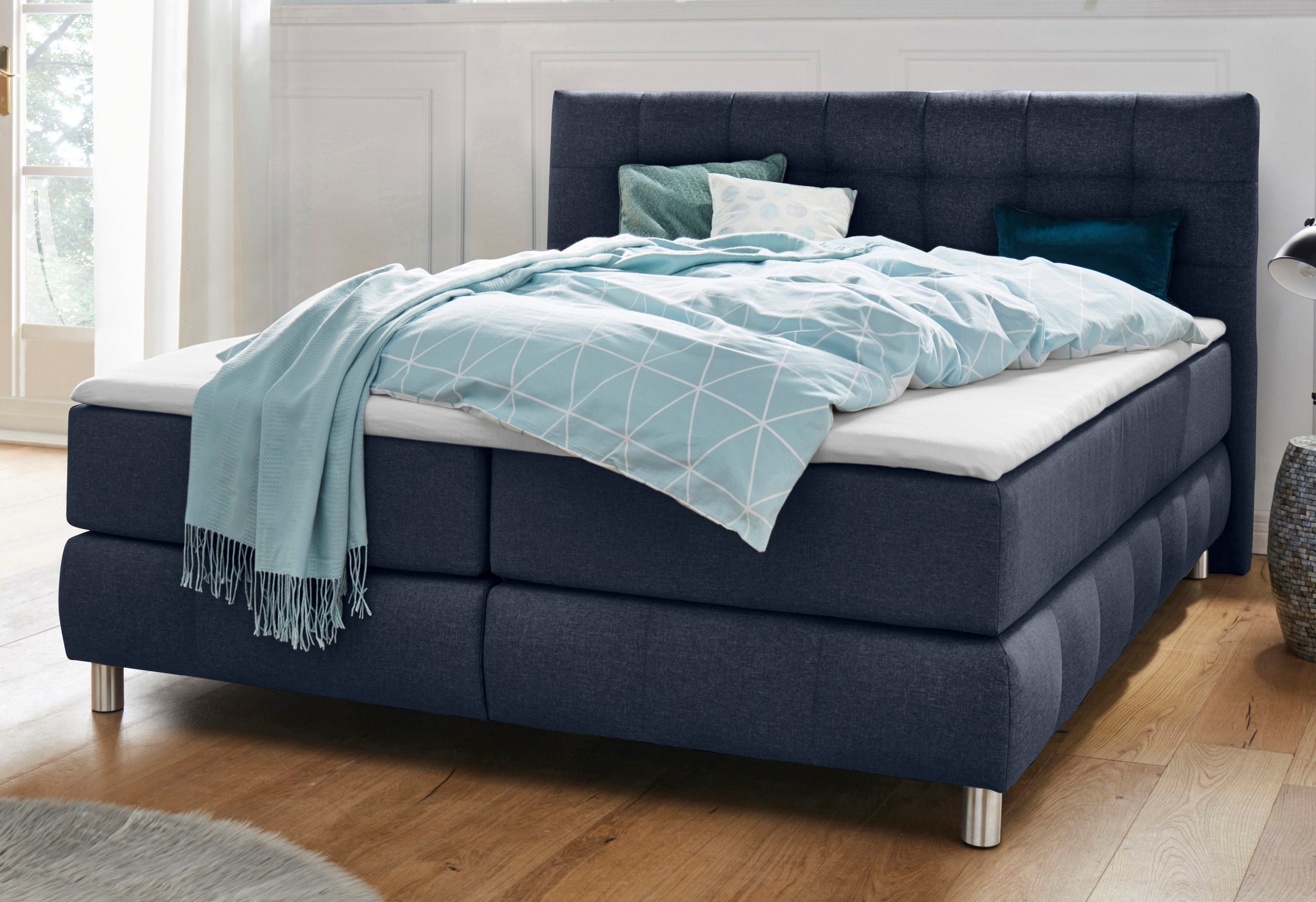 andas Boxspring Salo XXL in fluwelige look of structuurstof, 6 breedten in extra lang 220 cm, 4 hardheden boxsprings blauw
