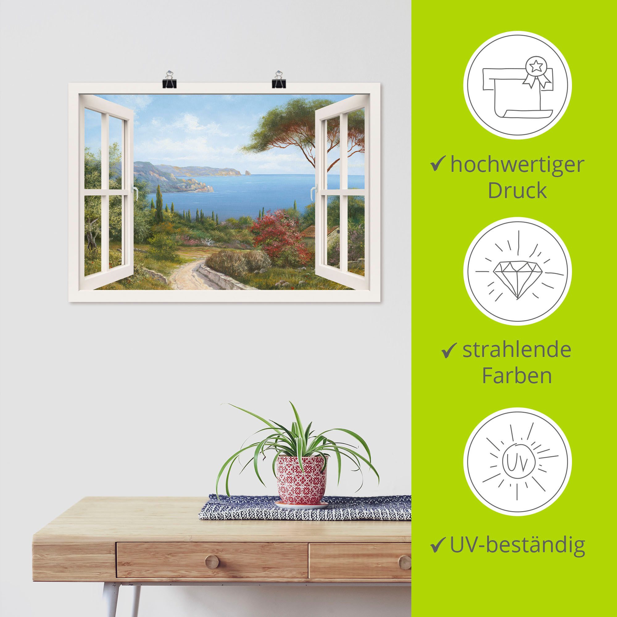 Artland Artprint Blik uit het venster - huis aan zee I als artprint op linnen, poster, muursticker in verschillende maten