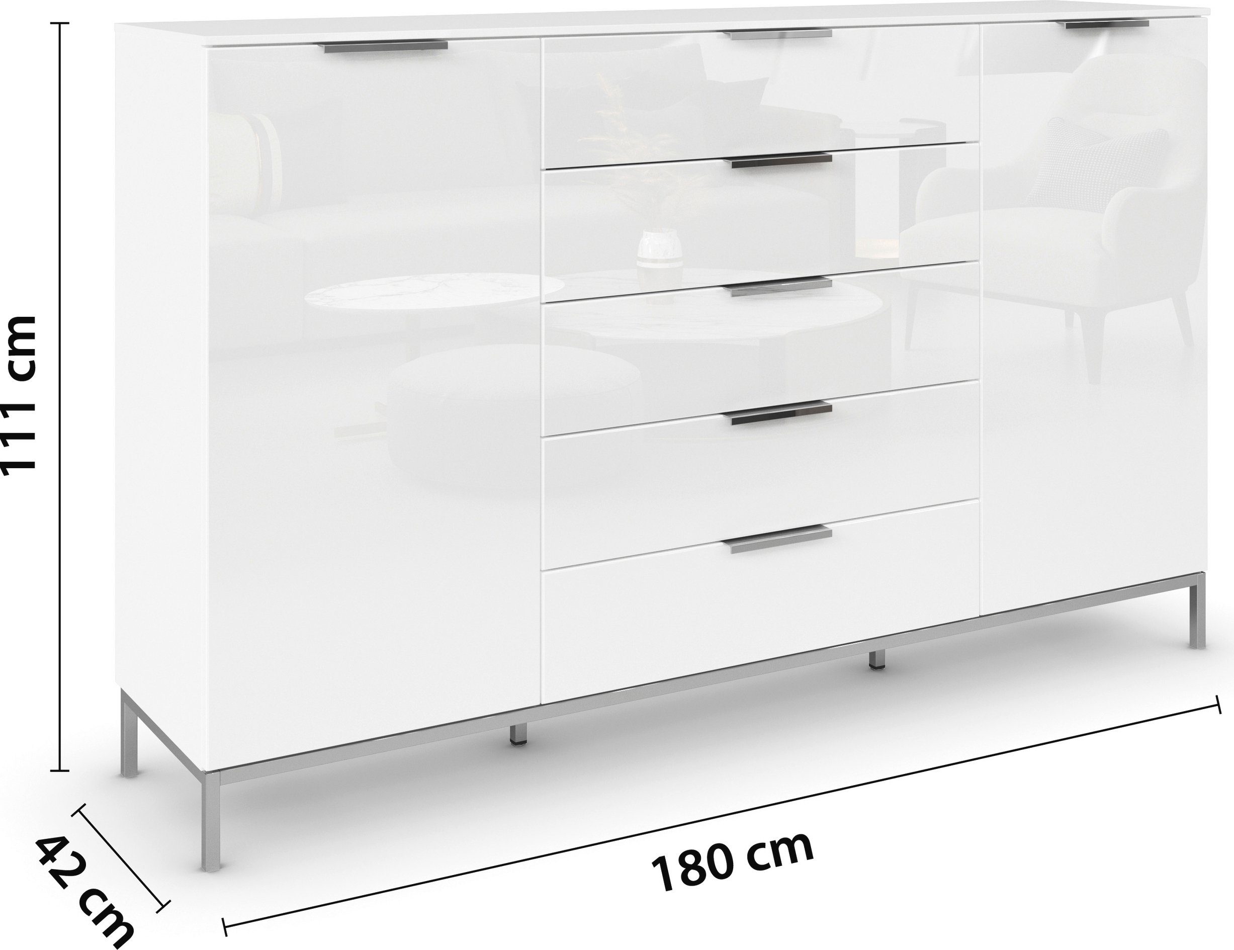 rauch Ladekast Flipp kast waskast bestseller sideboard 2-deurs met 5 laden en soft-close functie, glazen front, 2 breedtes