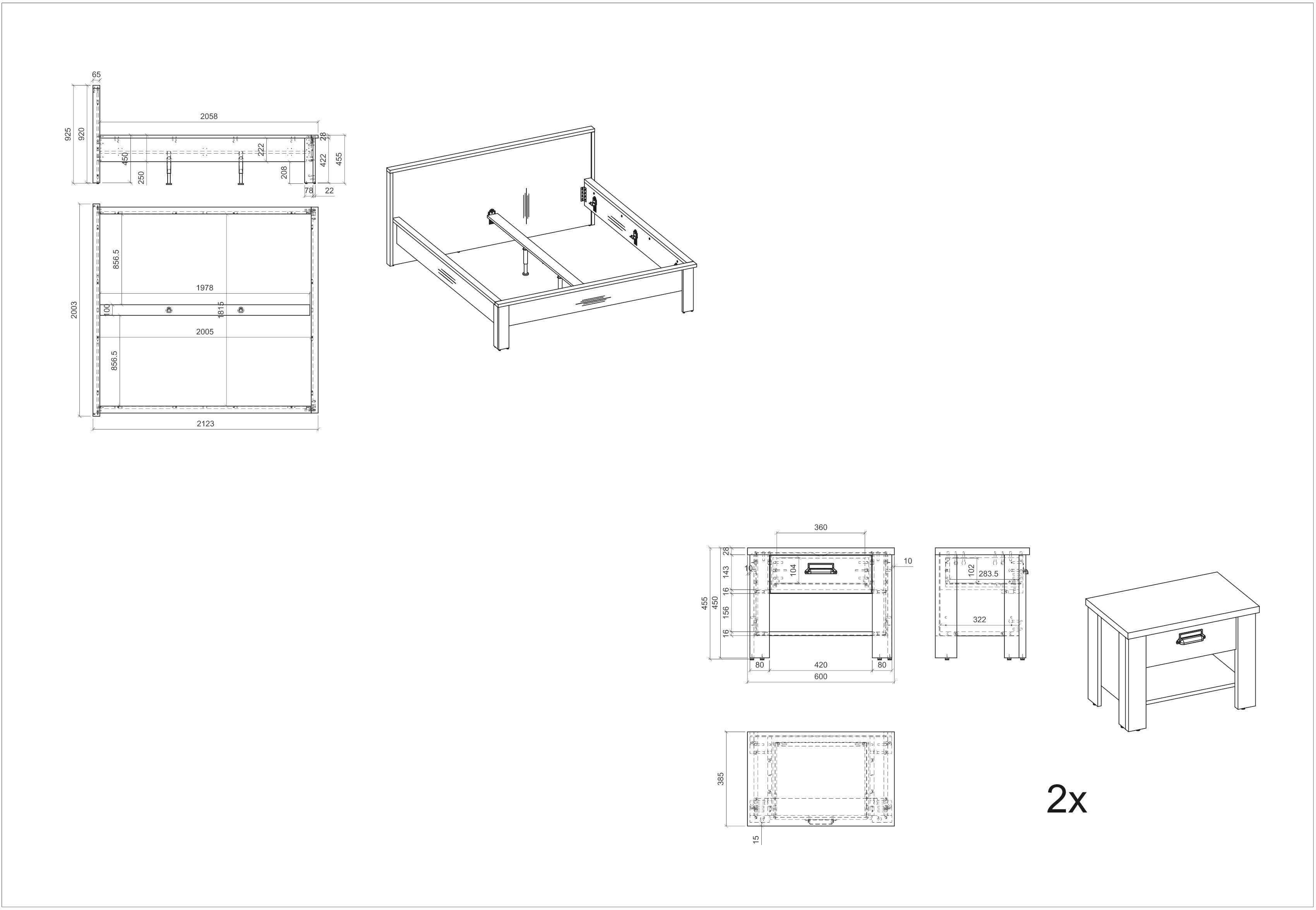 Home affaire Ledikant Sherwood Ligoppervlak bed 180 x 200 cm, 2 nachtkastjes met elk 1 lade (3-delig)