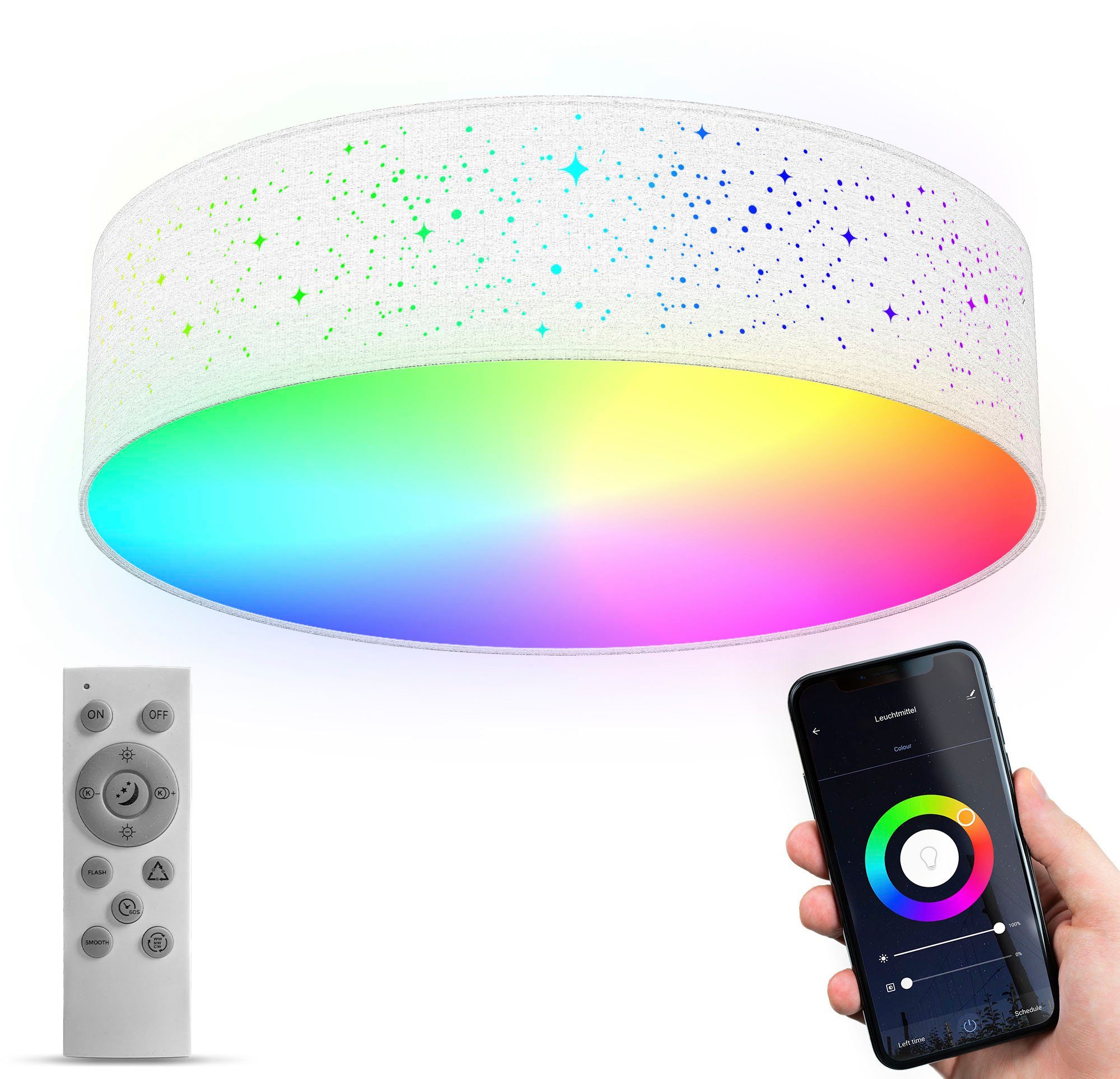 B.K.Licht Led-plafondlamp BK_SD1476 WiFi RGB-CCT plafondlamp, APP bediening, iOS+Andorid incl. afstandsbediening, kleurverandering en lichteffecten, ø 39 cm (1 stuk)