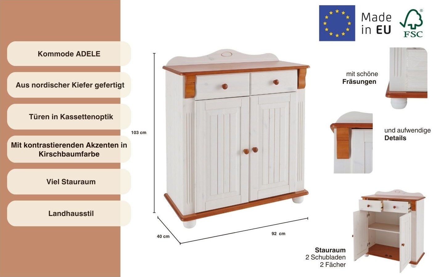 Home affaire Kast met laden en deuren ADELE gemaakt van massief grenen, 92 cm breed