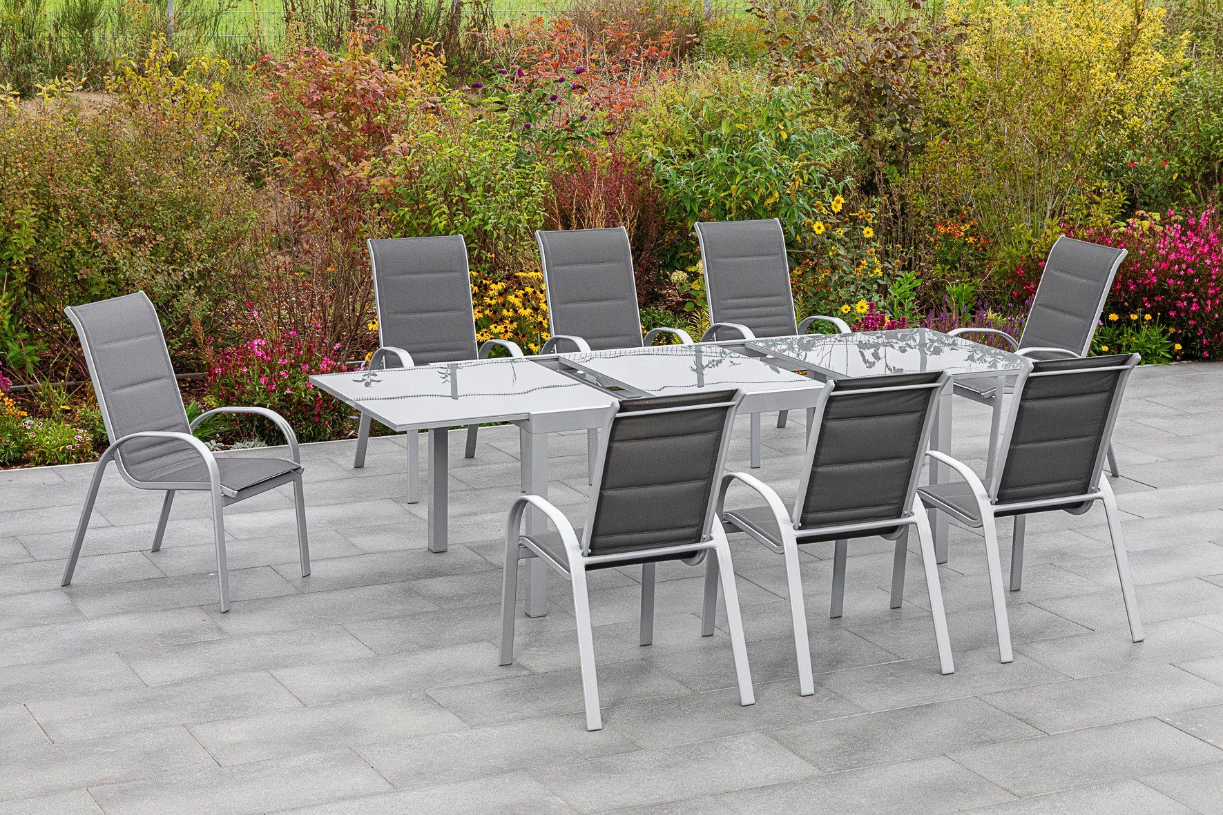 MERXX Tuin-eethoek Amalfi di lusso 8 stapelstoelen, stoel met een hoge rugleuning, met uittrekbare tafel (9-delig) tuinsets beige