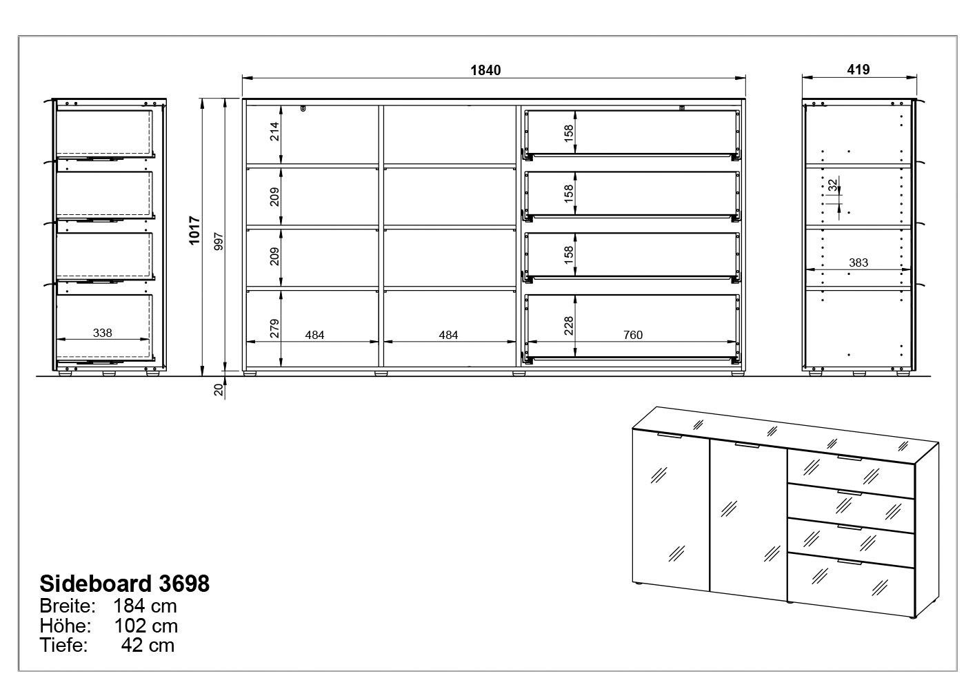 GERMANIA Dressoir OAKLAND in 2 breedten, fronten en bovenblad met glas-inlay