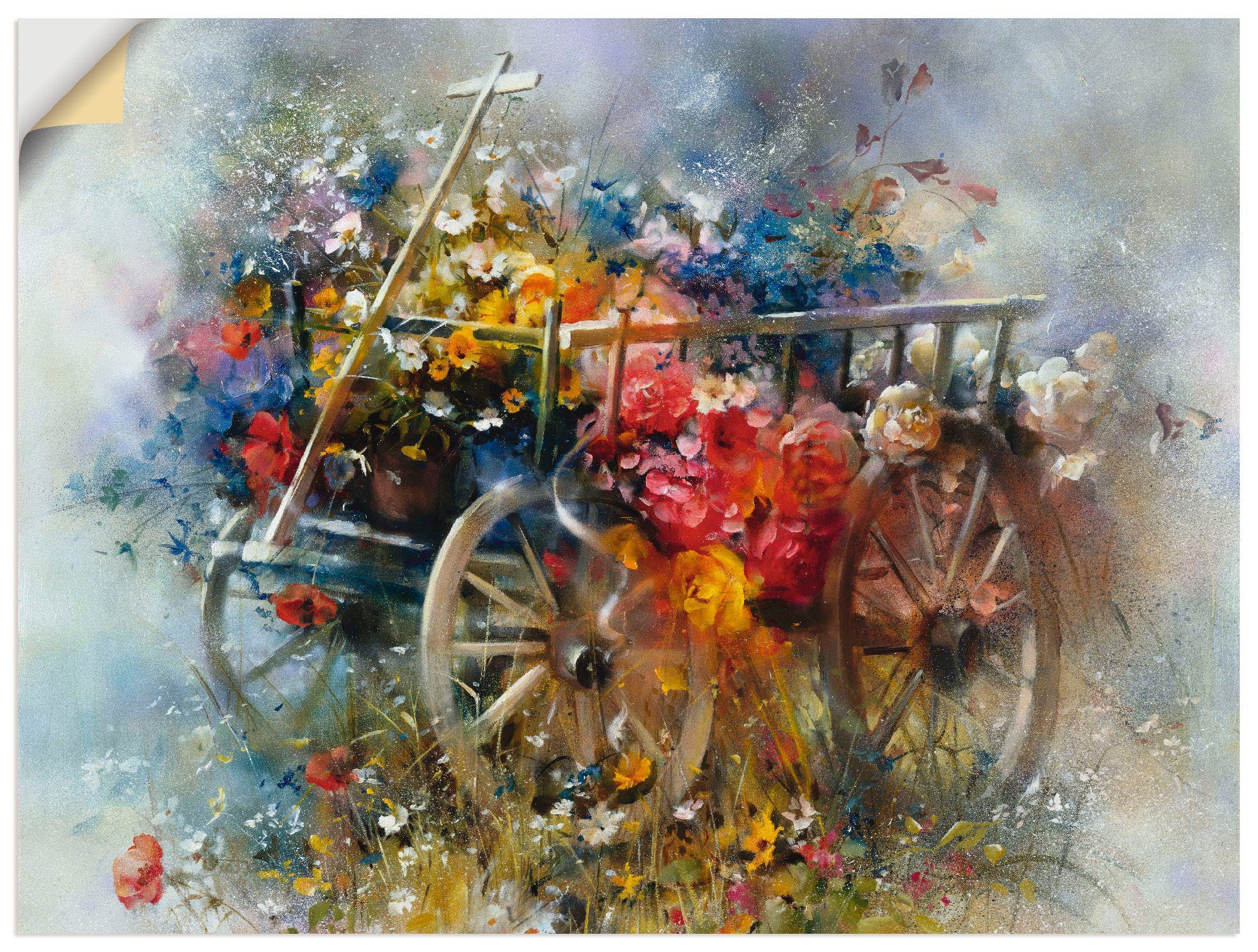 Artland Artprint Bloemen kruiwagen in vele afmetingen & productsoorten -artprint op linnen, poster, muursticker / wandfolie ook geschikt voor de badkamer (1 stuk)