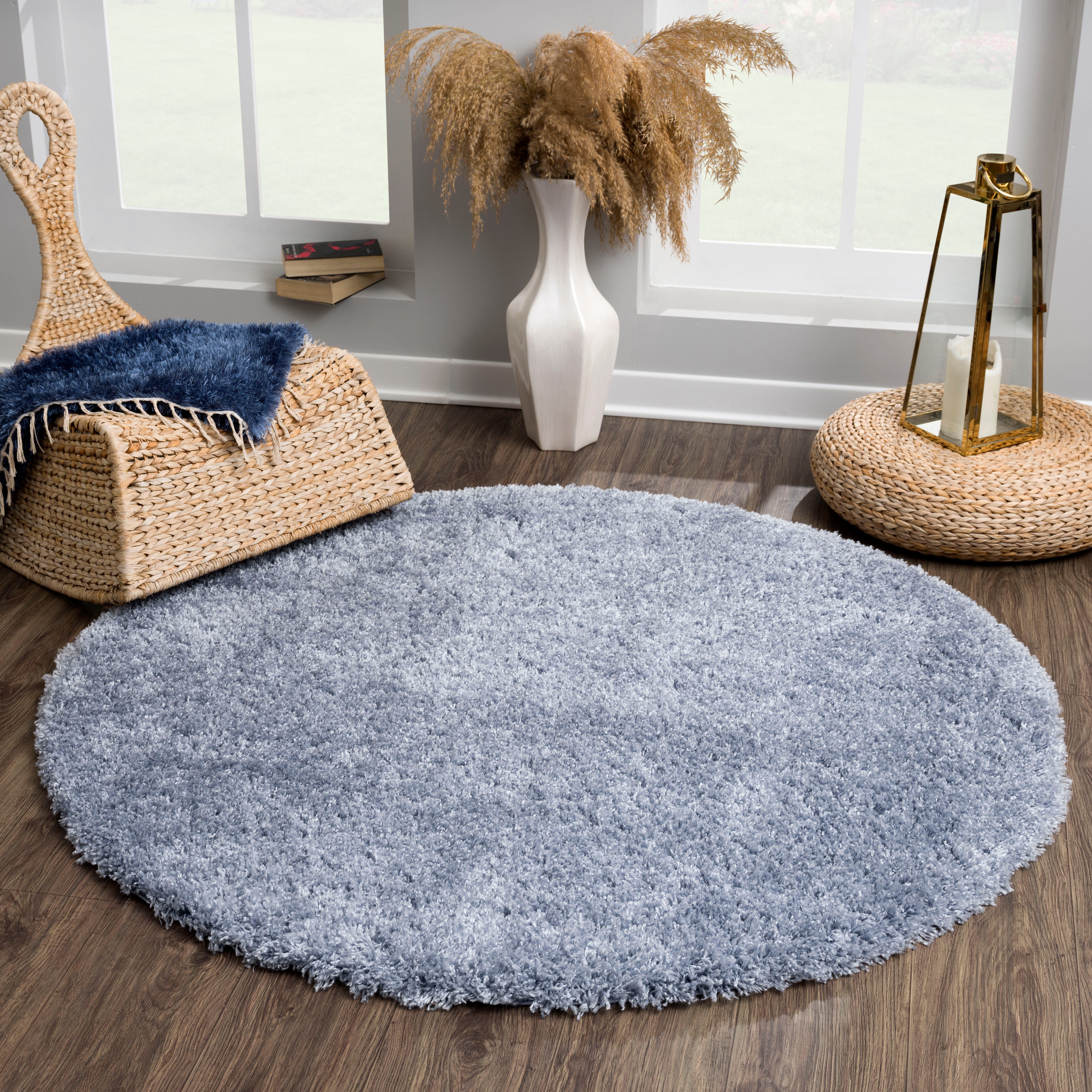 SANAT HALI Hoogpolig vloerkleed PORTO Woonkamer, lange pool, shaggy-vloerkleed moderne vloerkleden maat Ø 120 cm x 45 mm blauw
