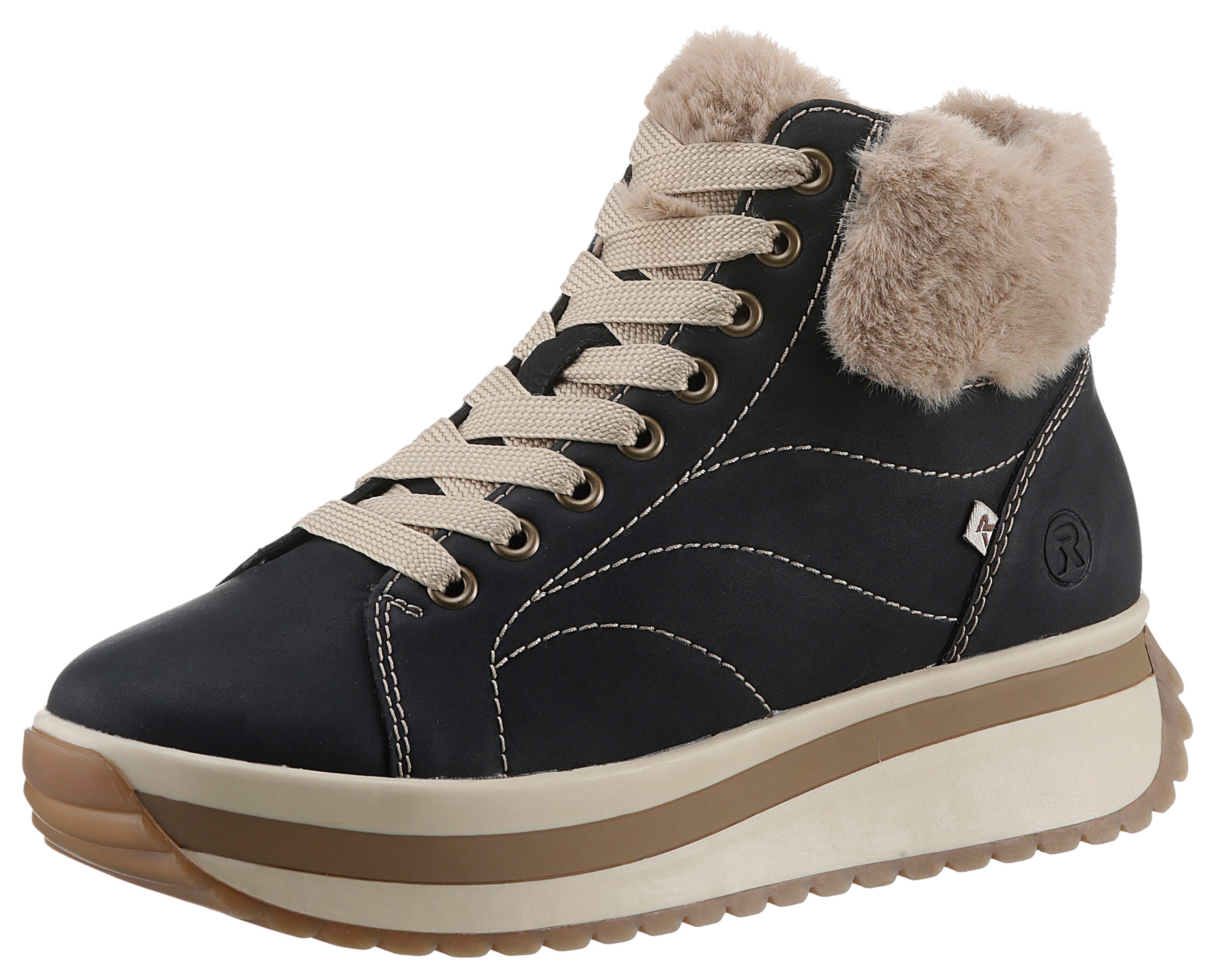Rieker EVOLUTION Winterlaarzen Wedge sneakers, plateaulaarzen met faux-bont kraag dames winterlaarsjes maat 42 zwart