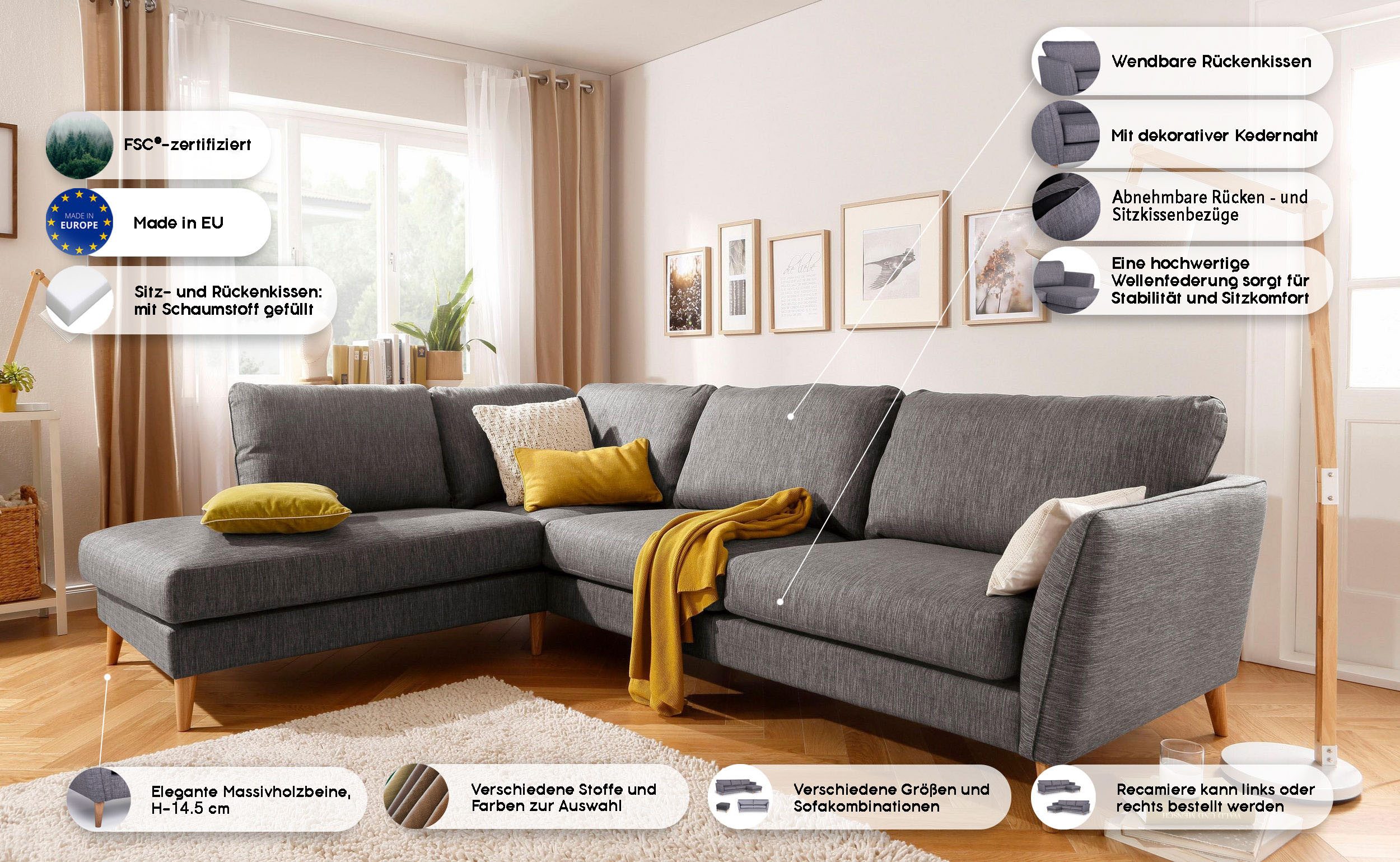 Home affaire Hoekbank MARSEILLE 278x202 cm, L-model, Ottom. Rechts/links Massief houten poten van eiken, in verschillend overtrekken en kleurvarianten