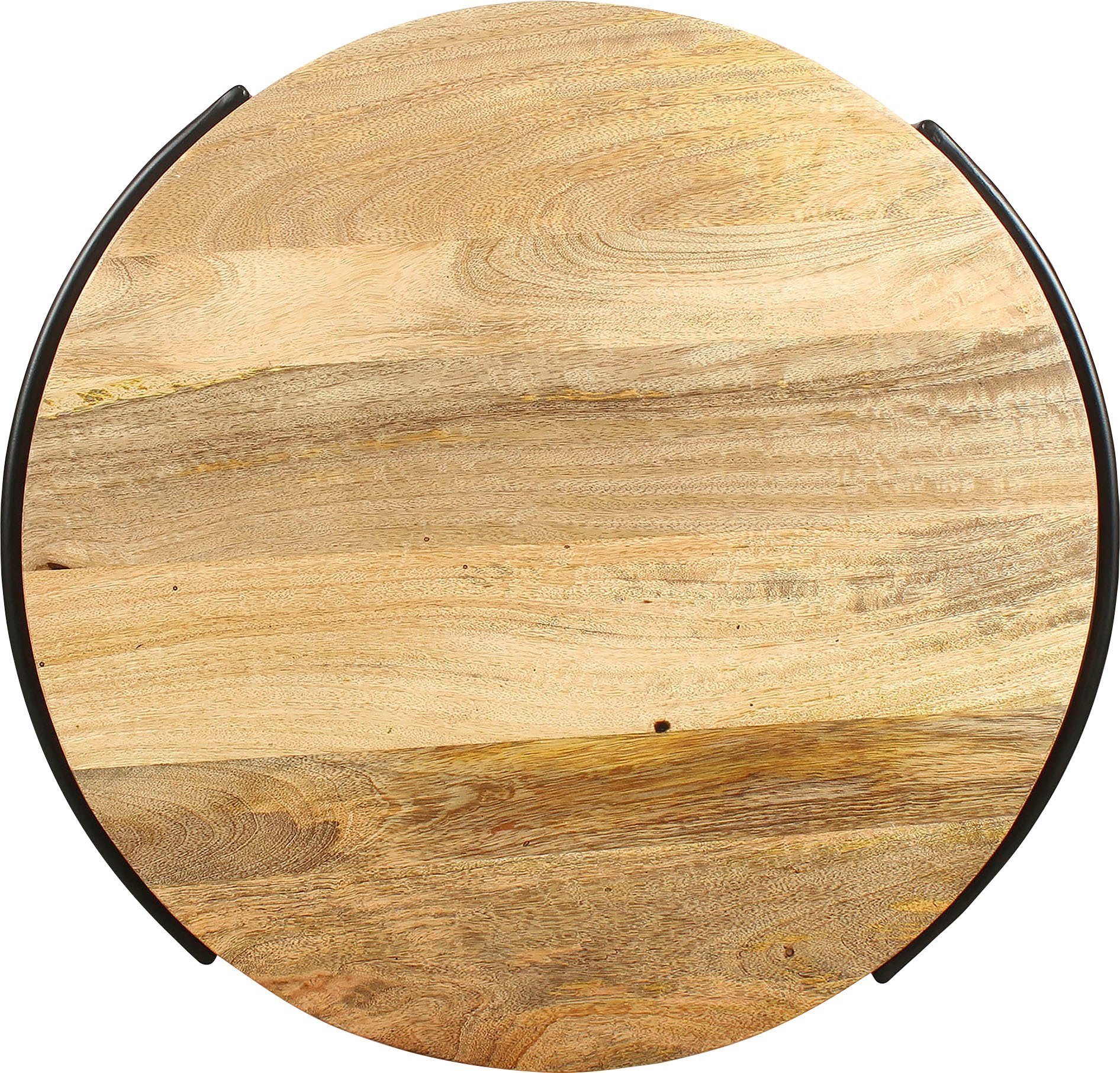byLIVING Salontafel Hanna massief mango tafelblad 35 mm en zwarte metalen poten, rond 60 cm