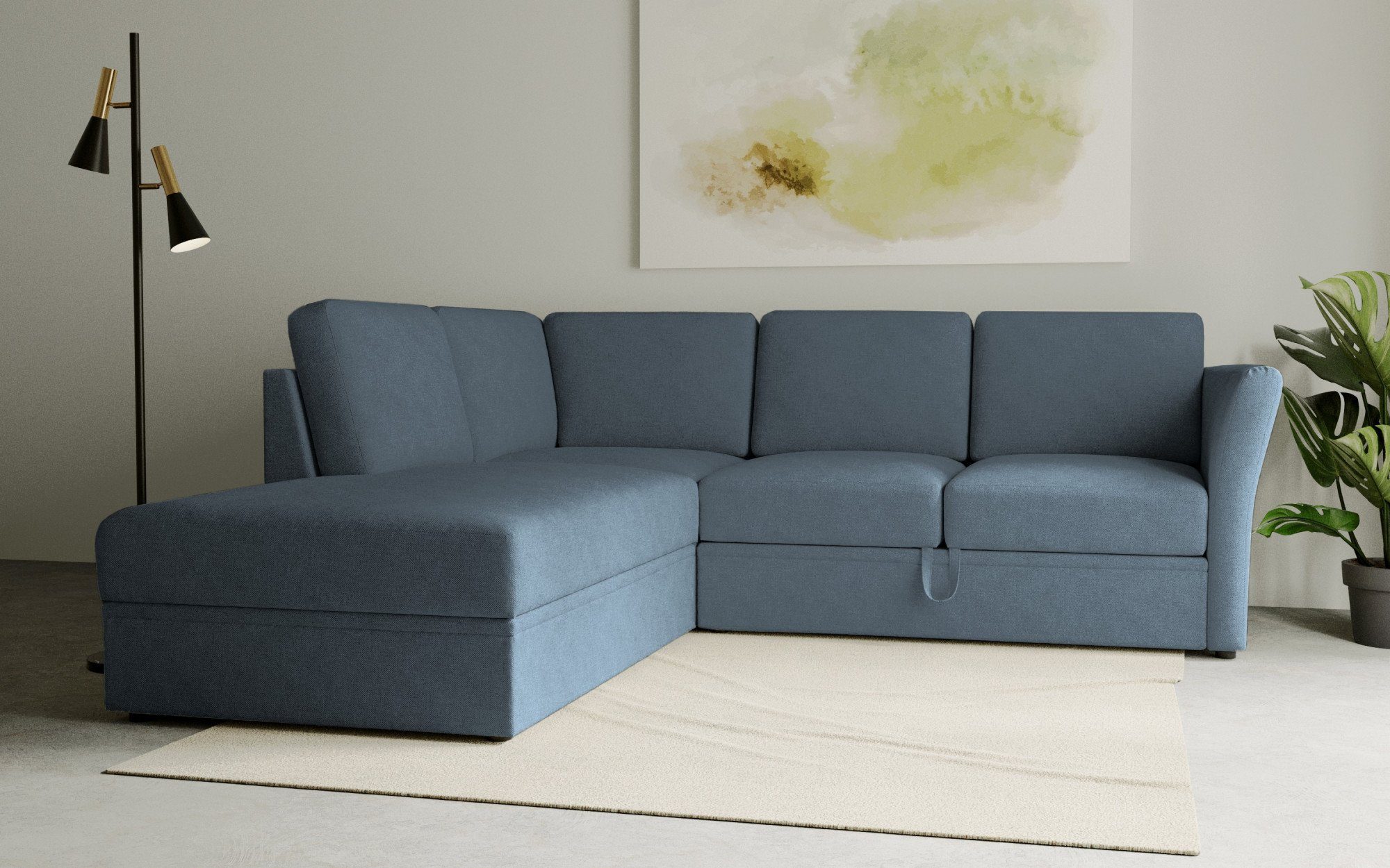 Home affaire Hoekbank Lavars, L-vorm, slaapbank met slaapfunctie en bergruimte, in twee verschillende stofkwaliteiten blauw, hoekbanken, Ottomane