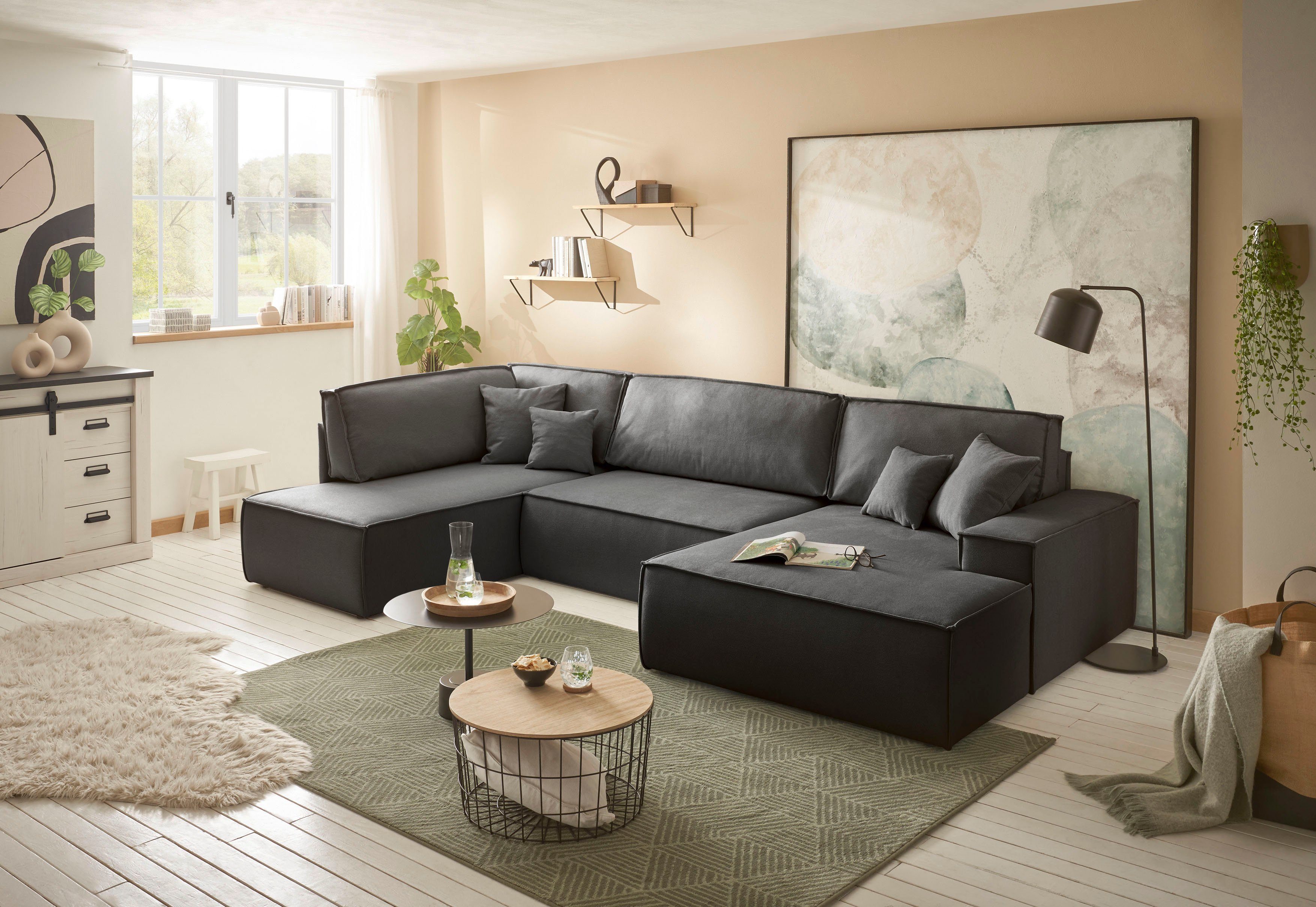 andas Zithoek FINNLEY U-model XXL 329 cm, bedbank, slaapfunctie m. bedkist