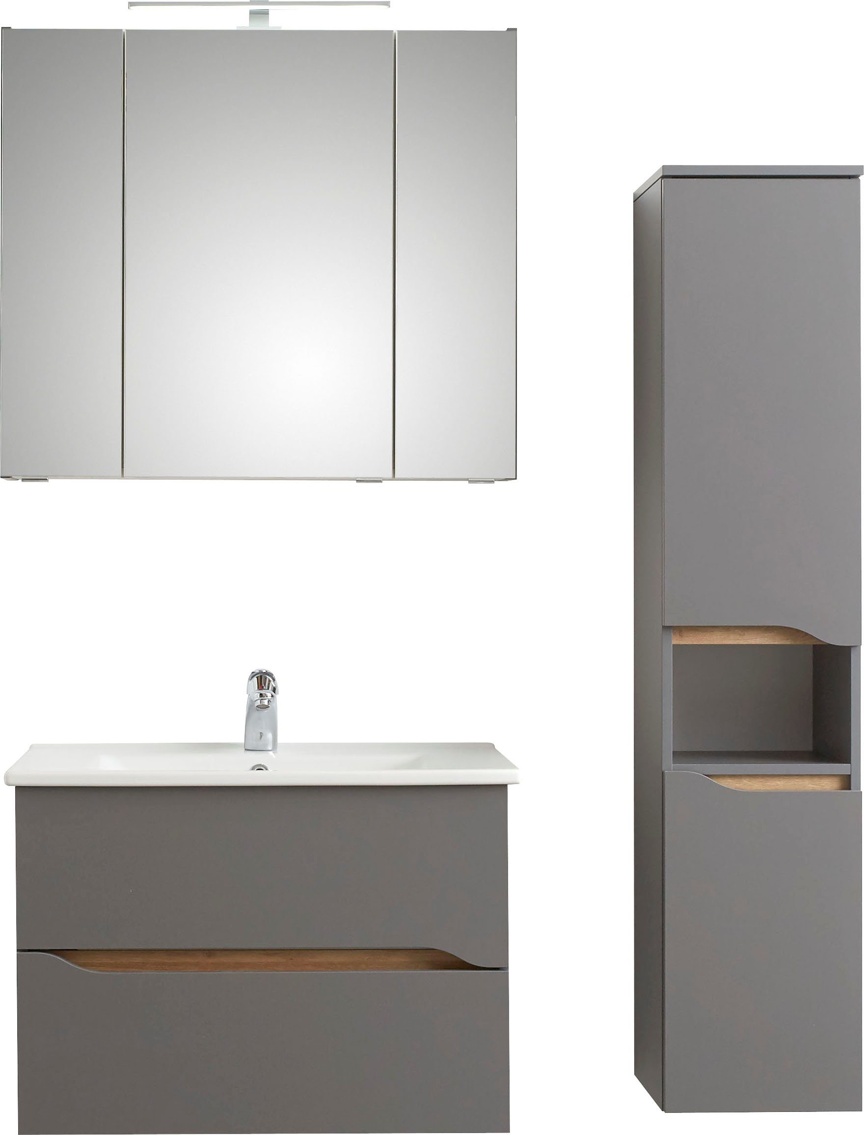 Saphir Badkamerserie Quickset 3-delig, keramische wastafel met LED-spiegelkast Halfhoge kast, inclusief deurdemper, 2 laden, 5 deuren, 8 planken (3-delig)