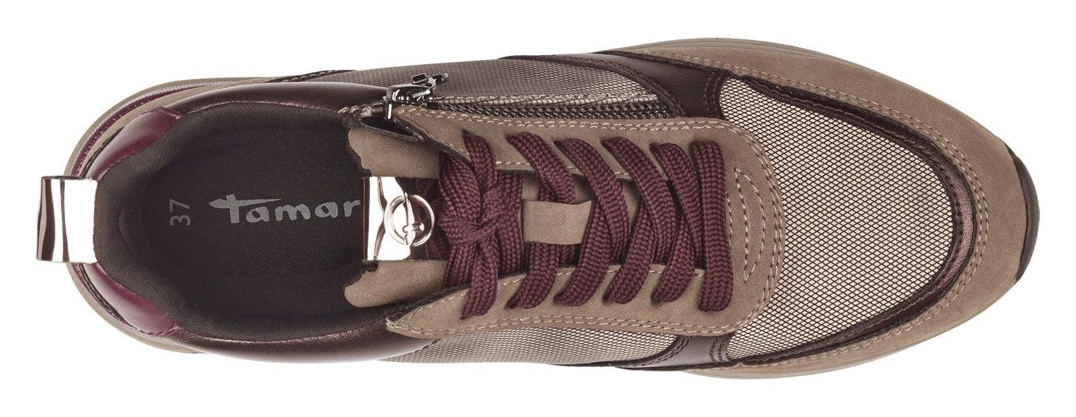Tamaris Sneakers met sleehak vrijetijdsschoen, lage schoen, veterschoen met trendy metallic-details